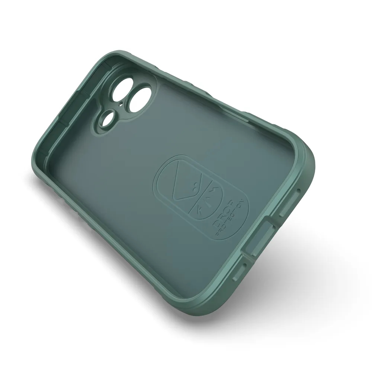 Een open, blauwgroene telefoonhoes, interieur zichtbaar. Het heeft cameragaten, een logo en knopdetails, met een witte achtergrond.