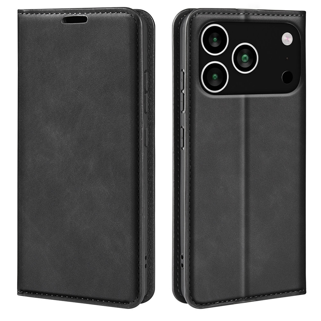 Een zwarte leren telefoonhoes, open en dicht, met de camera-opstelling van de telefoon. De hoes is gestikt en heeft een magnetische sluiting.