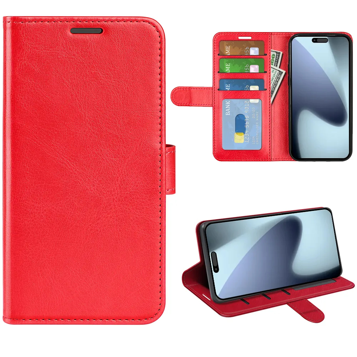 Rode leren telefoonhoes, opengeklapt om kaarten, contant geld en een telefoon te laten zien. De telefoon wordt ook open in een standpositie weergegeven.