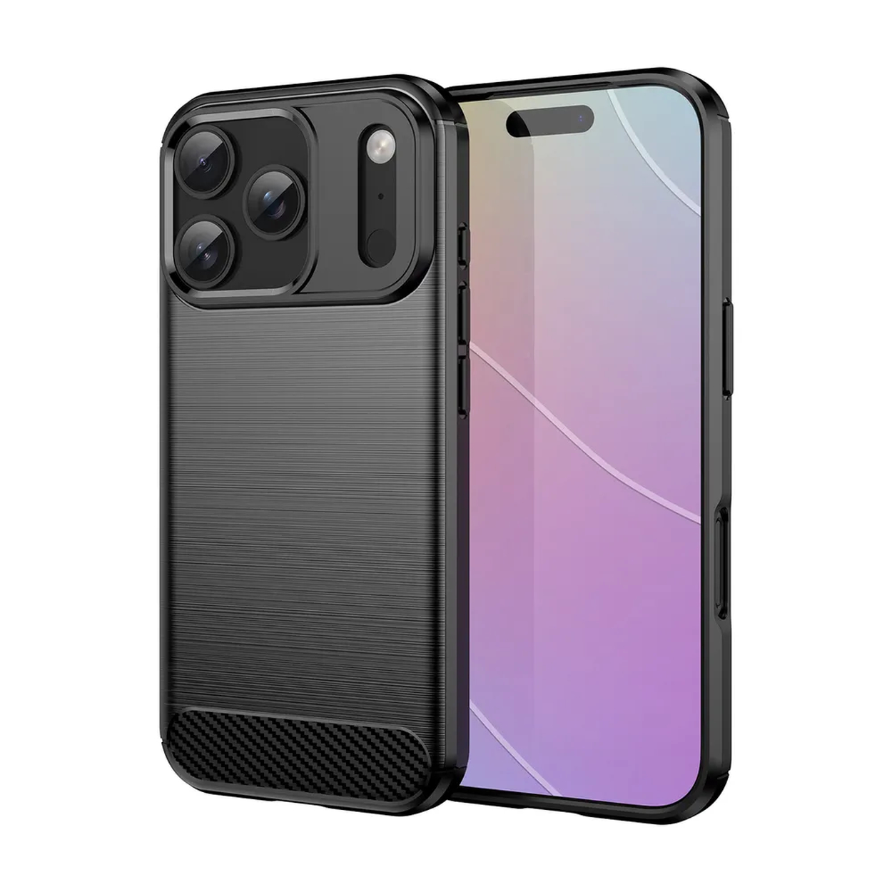 Een zwarte telefoonhoes met drie cameralenzen en een schermbeschermer met een paarse en blauwe gradiënt.