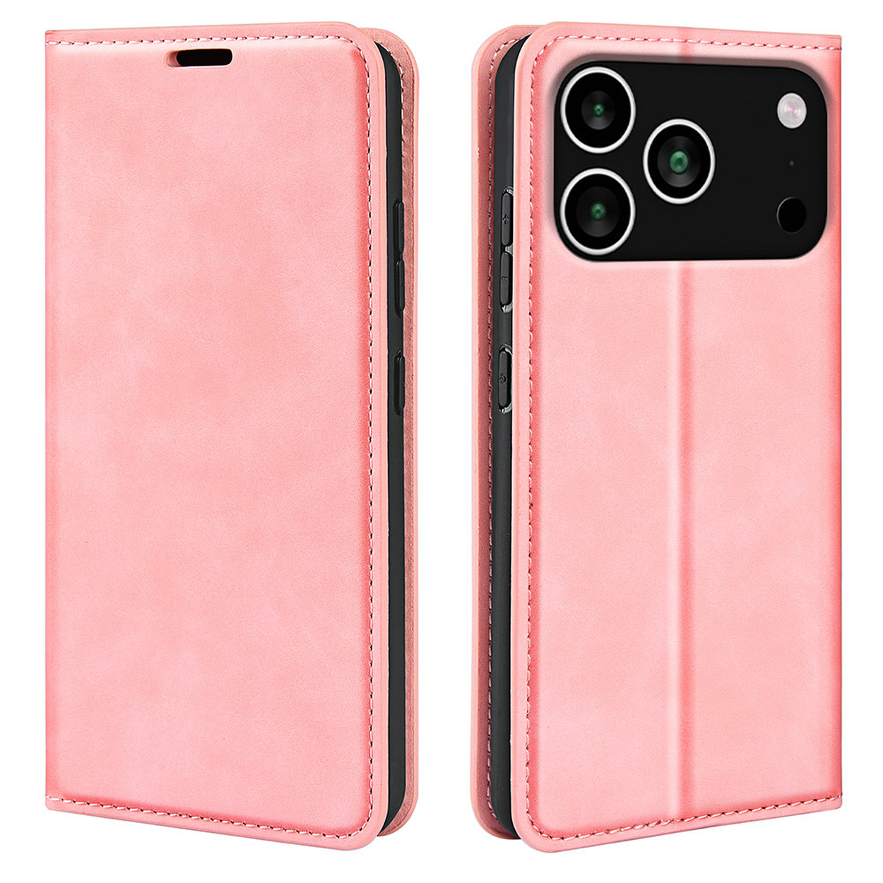 Roze telefoonhoesje, open en dicht, met de telefooncamera. Hoesje is roze leer met zwarte randen en stiksels.