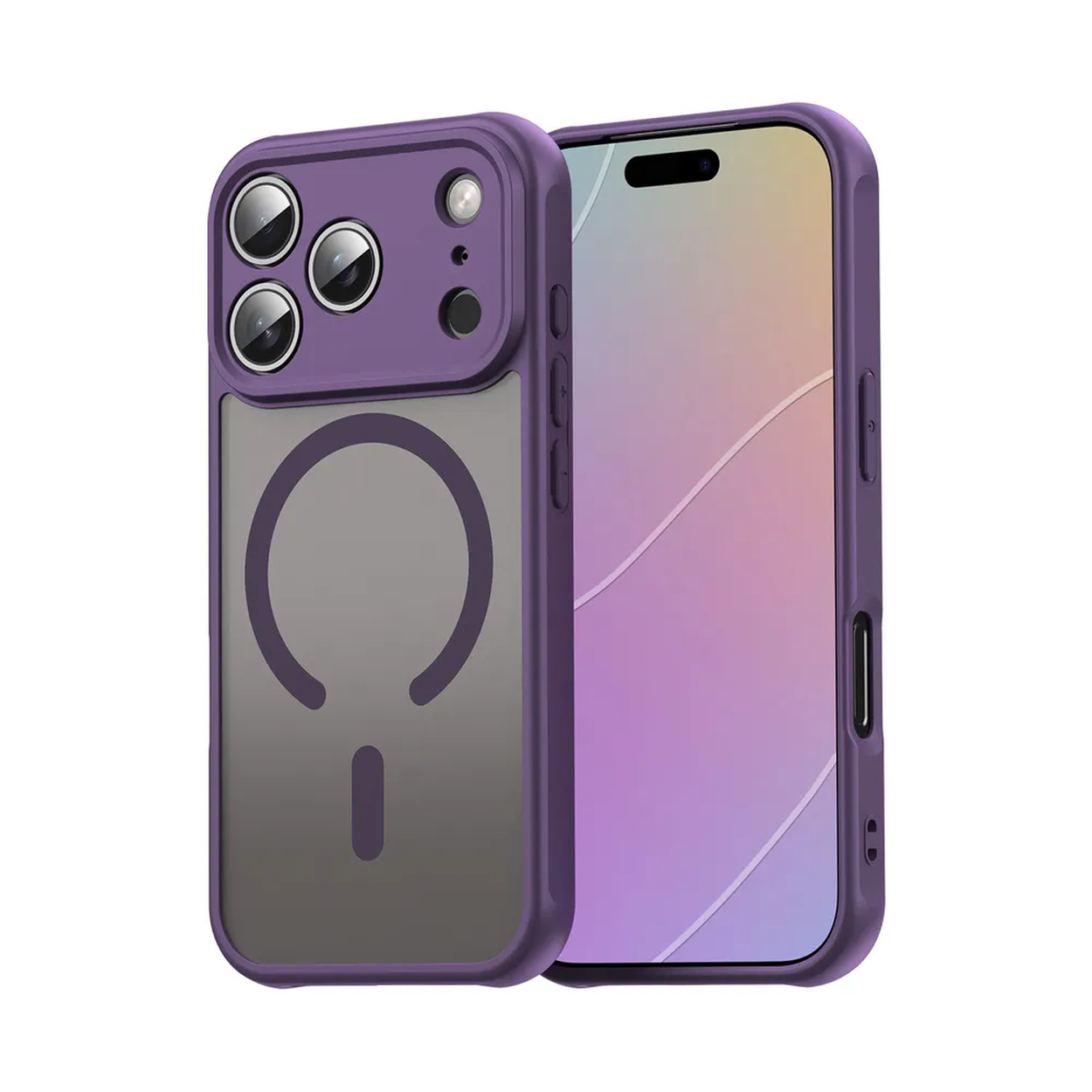 Twee paarse telefoonhoesjes naast elkaar. Eén toont de achterkant met camera-uitsparingen, de andere het voorscherm.