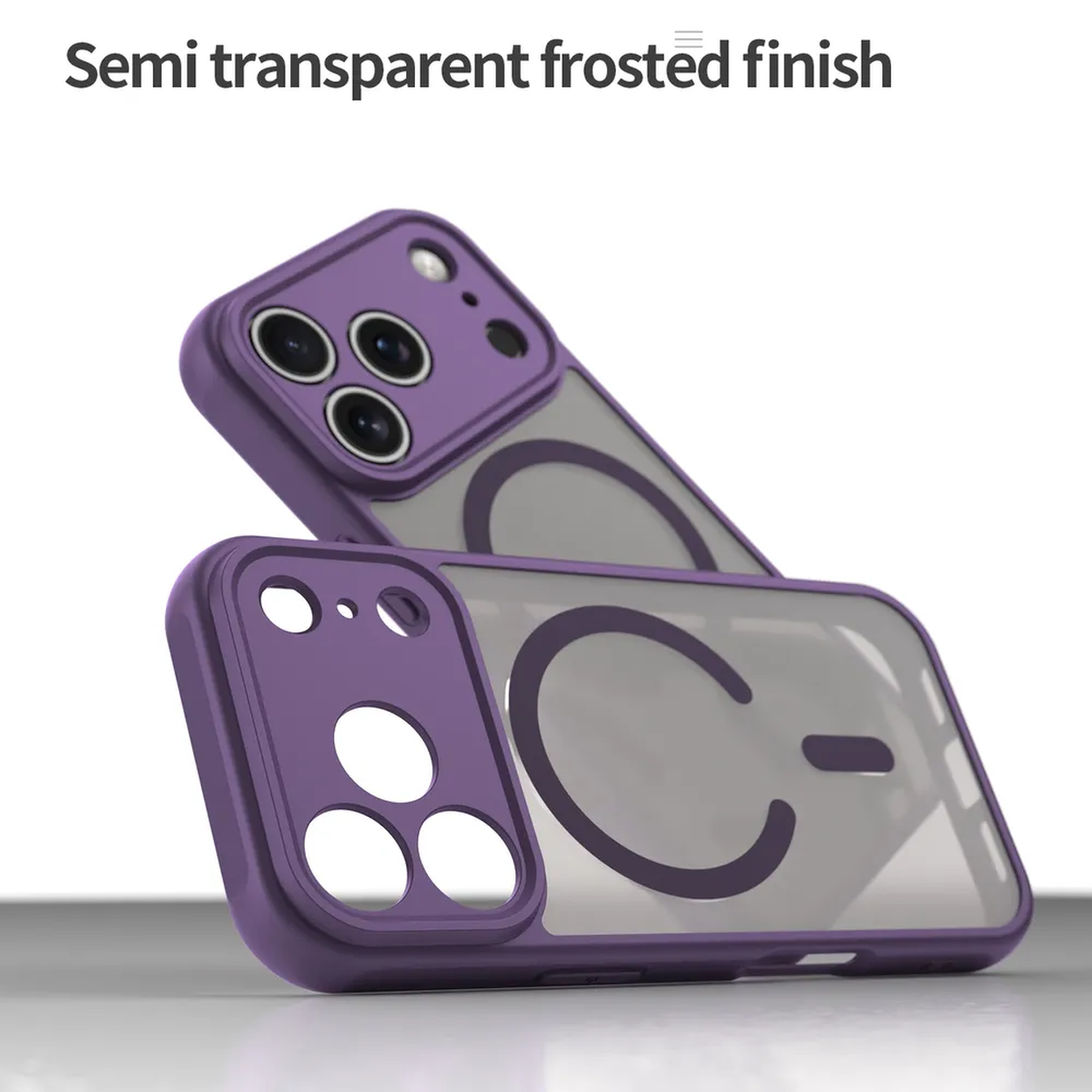Twee paarse telefoonhoesjes met doorzichtige achterkant zijn op elkaar gestapeld. De hoesjes hebben camera-uitsparingen en een matte afwerking. De achtergrond is wit.