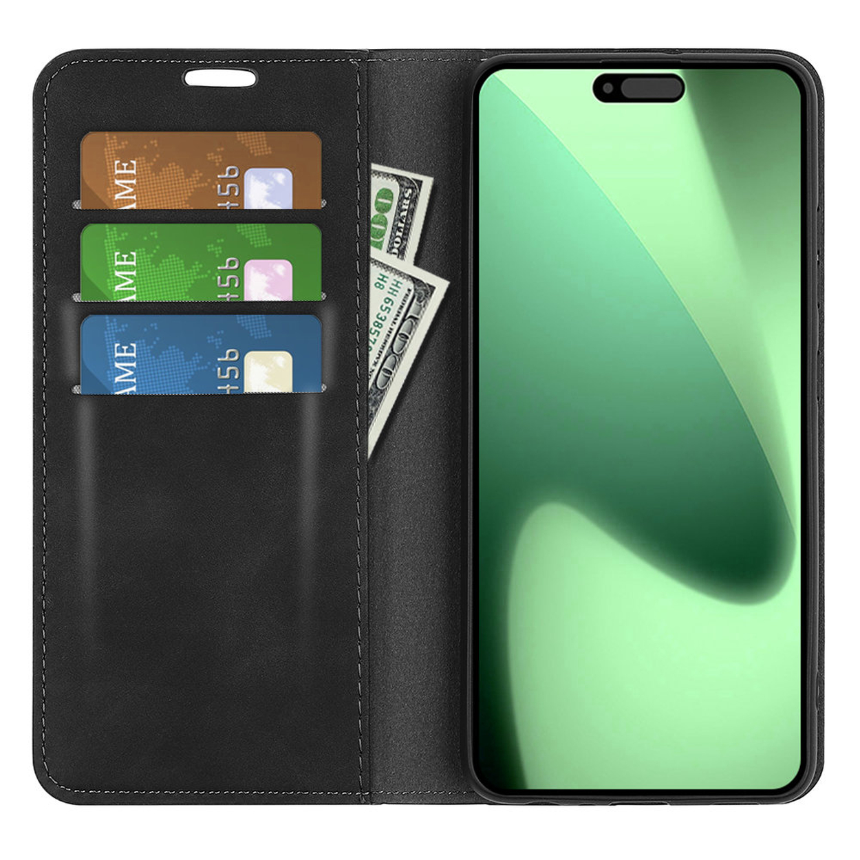 Zwarte telefoonhoes met creditcardvakken. Een telefoon rechts. Twee biljetten van $100 zijn ingestoken en drie creditcards zijn zichtbaar.