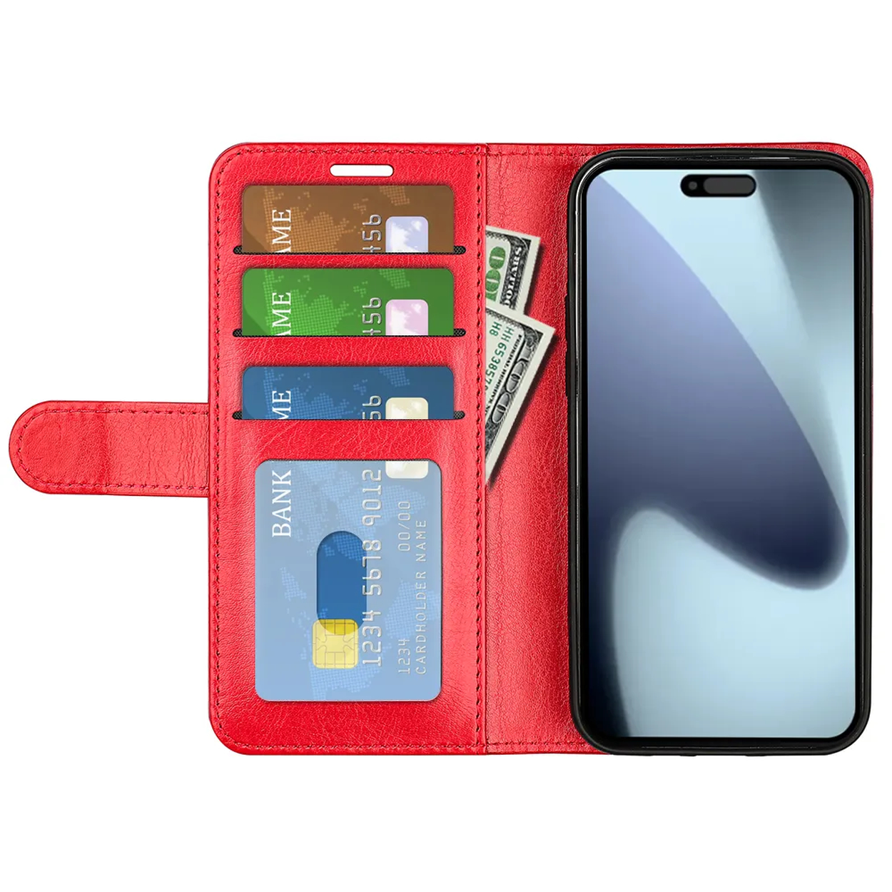 Rode telefoonhoes met smartphone, creditcards en geld. Het scherm van de telefoon is zichtbaar.