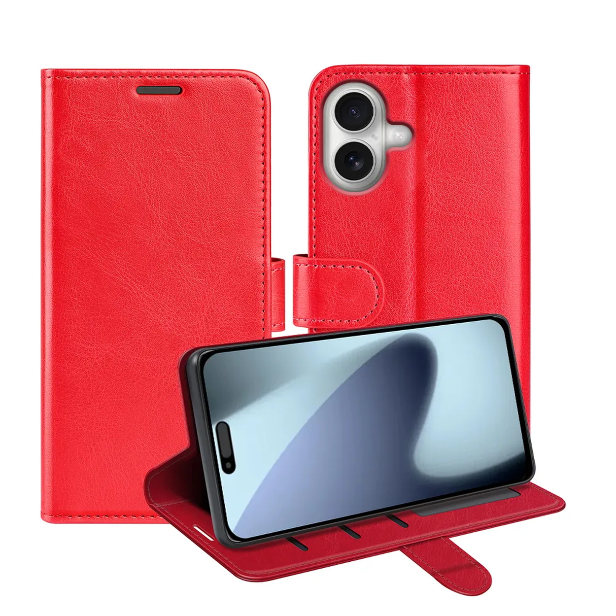 Rode leren telefoonhoes met telefoon erin. De hoes is open en toont het scherm. De hoes heeft een magnetische sluiting.