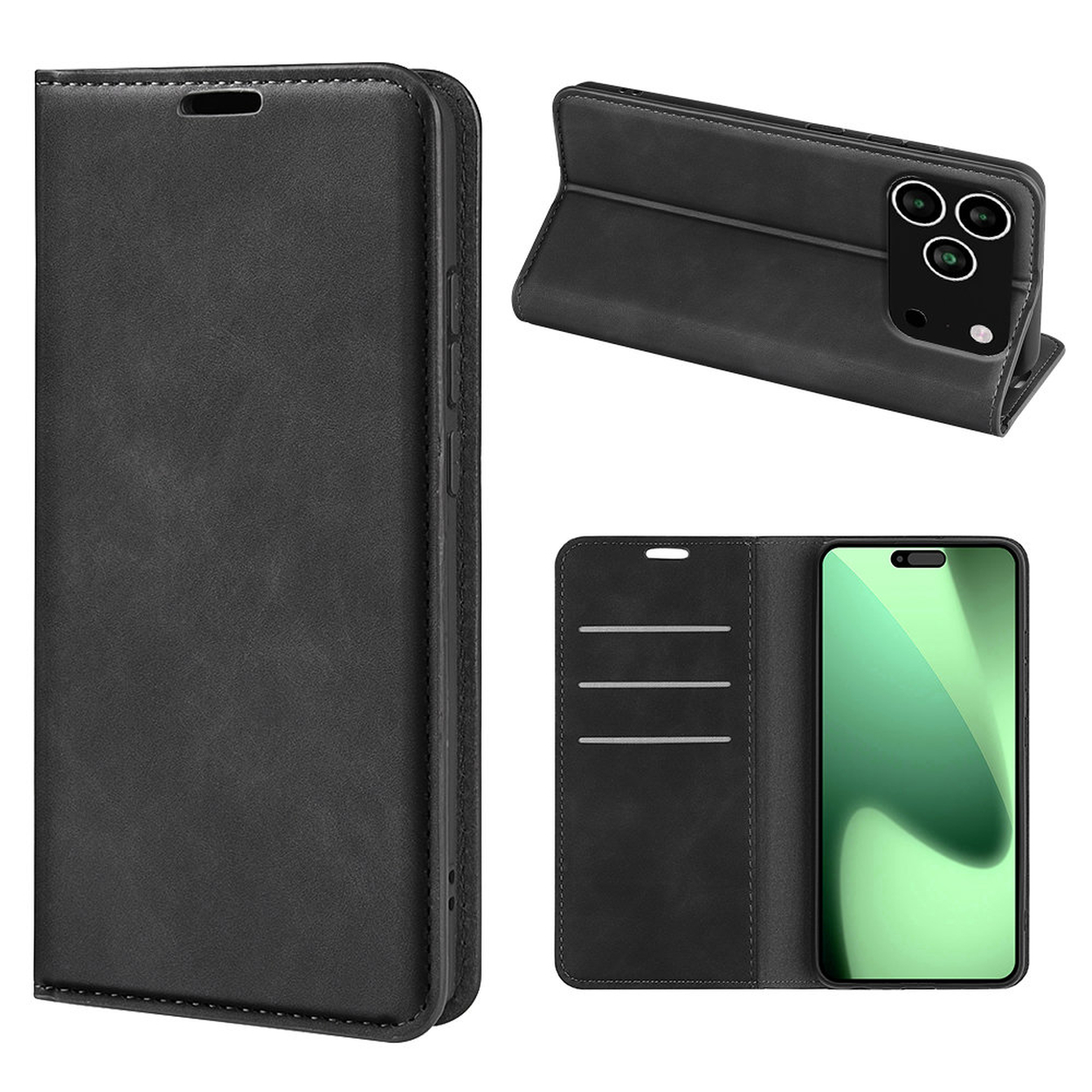 Zwarte leren telefoonhoes in drie aanzichten. Open hoes met telefoon, gesloten en telefoon in staande positie. Stikseldetails.