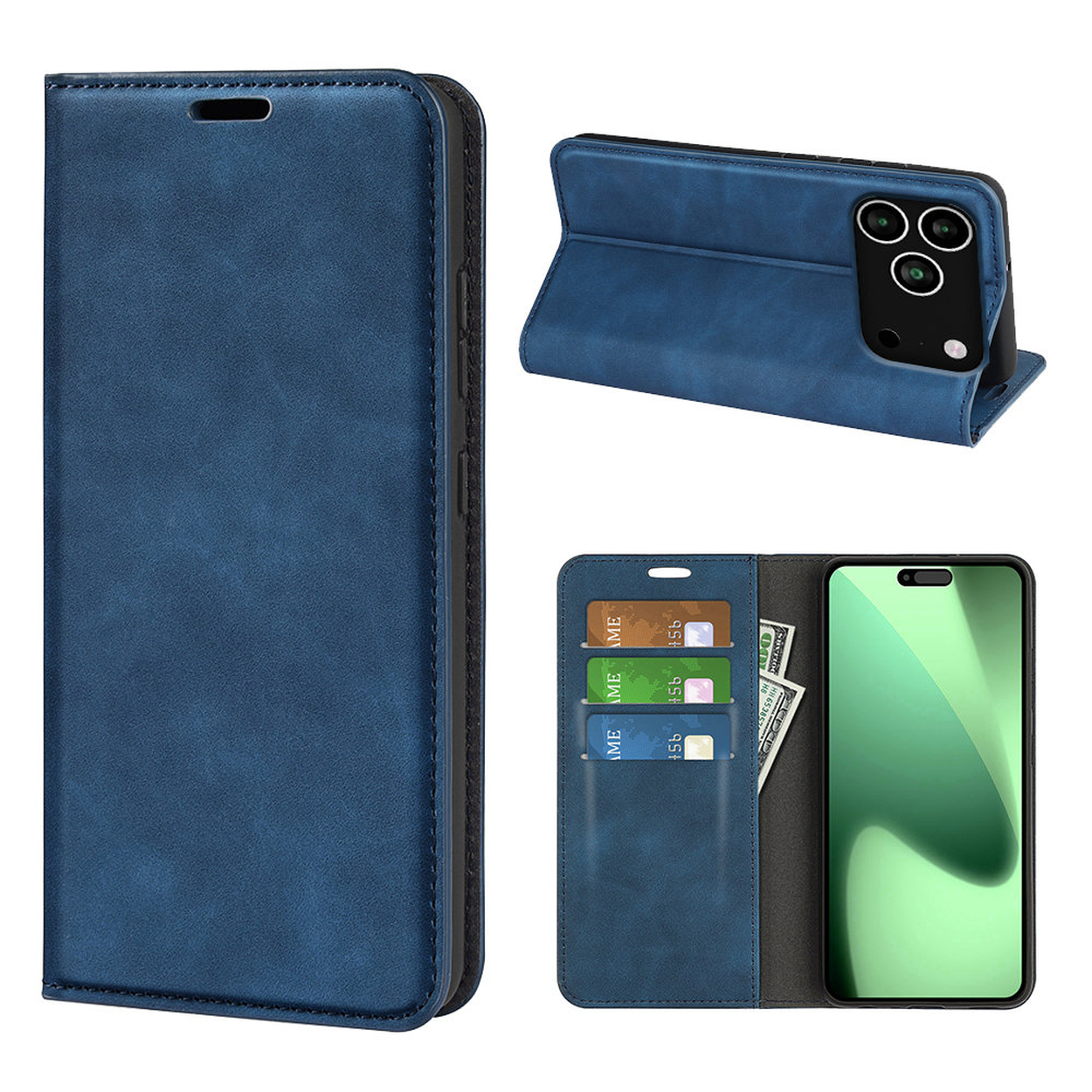 Blauwe leren telefoonhoes. Open en gesloten weergaven. Kaarten en contant geld zichtbaar. Telefoon met groen scherm.