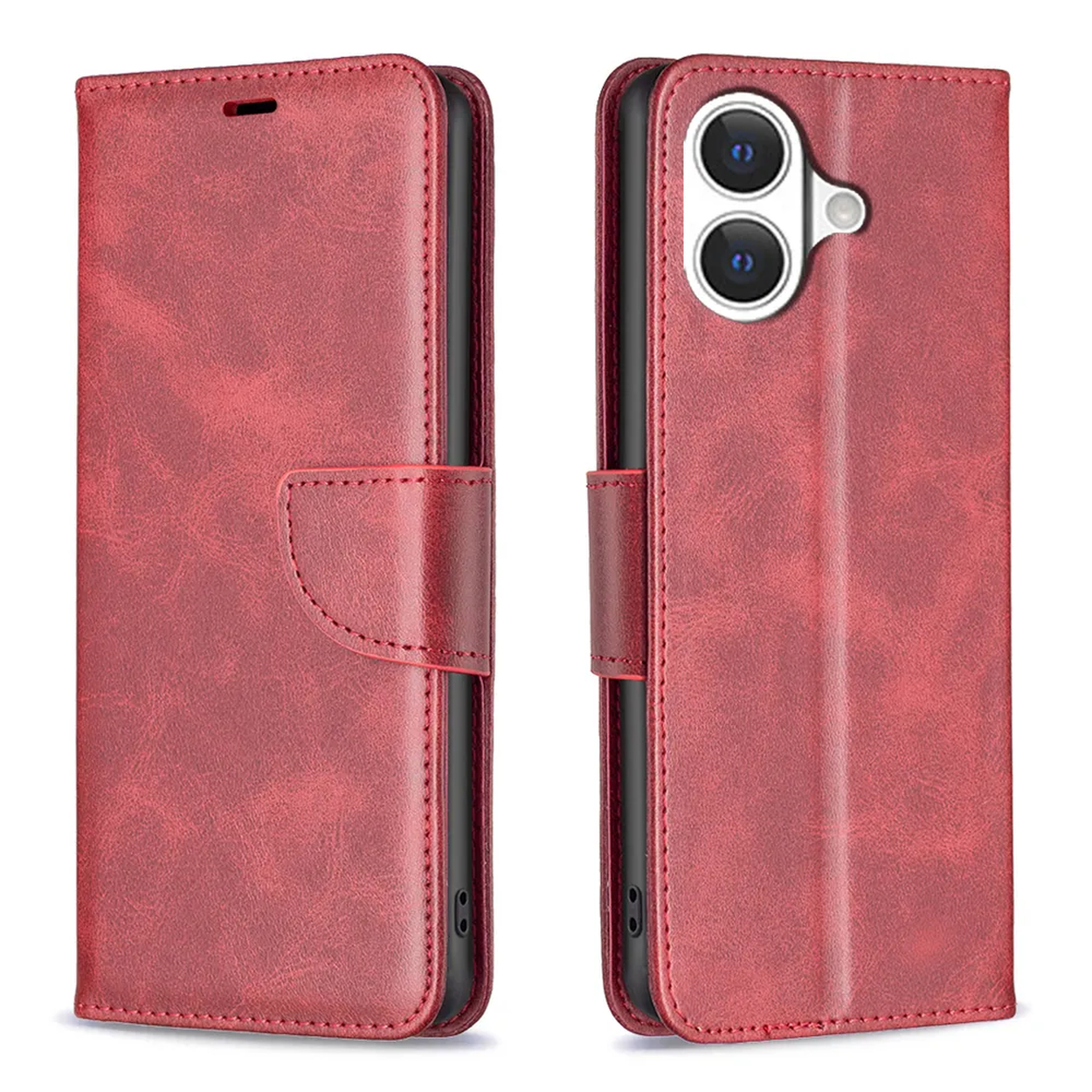 Een rode leren telefoonhoes is open en toont de camera van de telefoon. De hoes heeft stiksels en een magnetische sluiting.