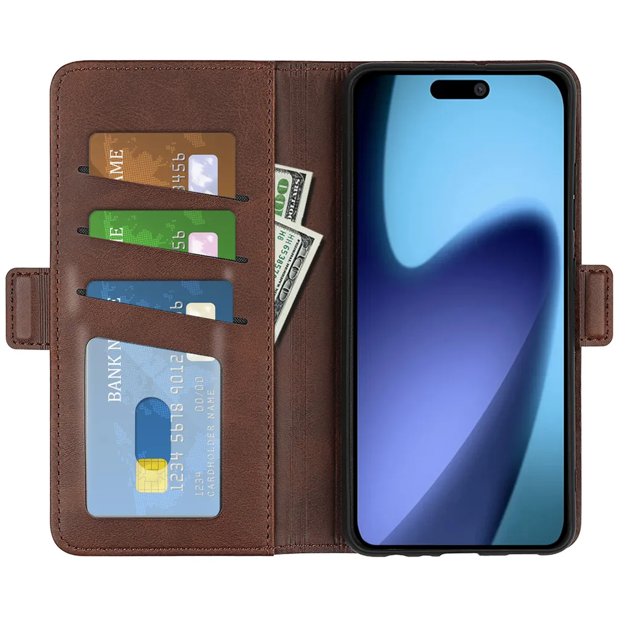 Bruine leren telefoonhoes met kaarten en geld erin. Telefoonscherm is lichtblauw. Kaarten zijn verschillende kleuren.