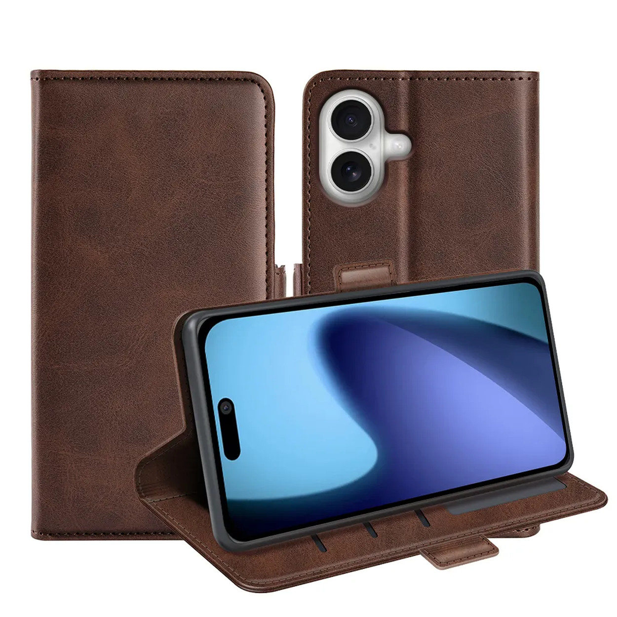 Een bruine leren telefoonhoes met een telefoon erin. De hoes is open en toont het scherm van de telefoon en de binnenkant van de hoes.