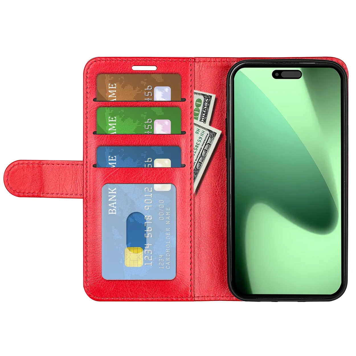Rode portemonneehoes met telefoon, creditcards en contant geld. Telefoonscherm groen. Kaarten hebben nummers en logo's. Contant geld zichtbaar.