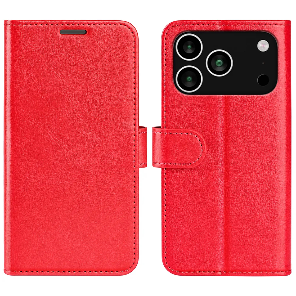 Een rode leren telefoonhoes, open. Eén kant heeft een flap, de andere heeft cameralenzen. Een magnetische sluiting sluit de hoes.