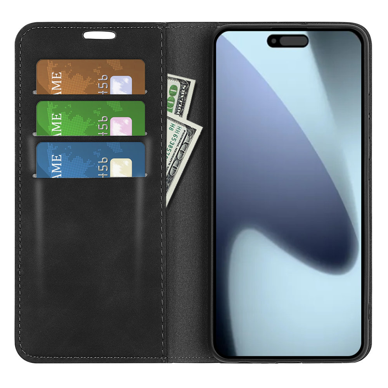 Zwarte telefoonhoes open met telefoon, creditcards en geld. Kaarten zijn bruin, groen en blauw. Geld is $100 biljetten.