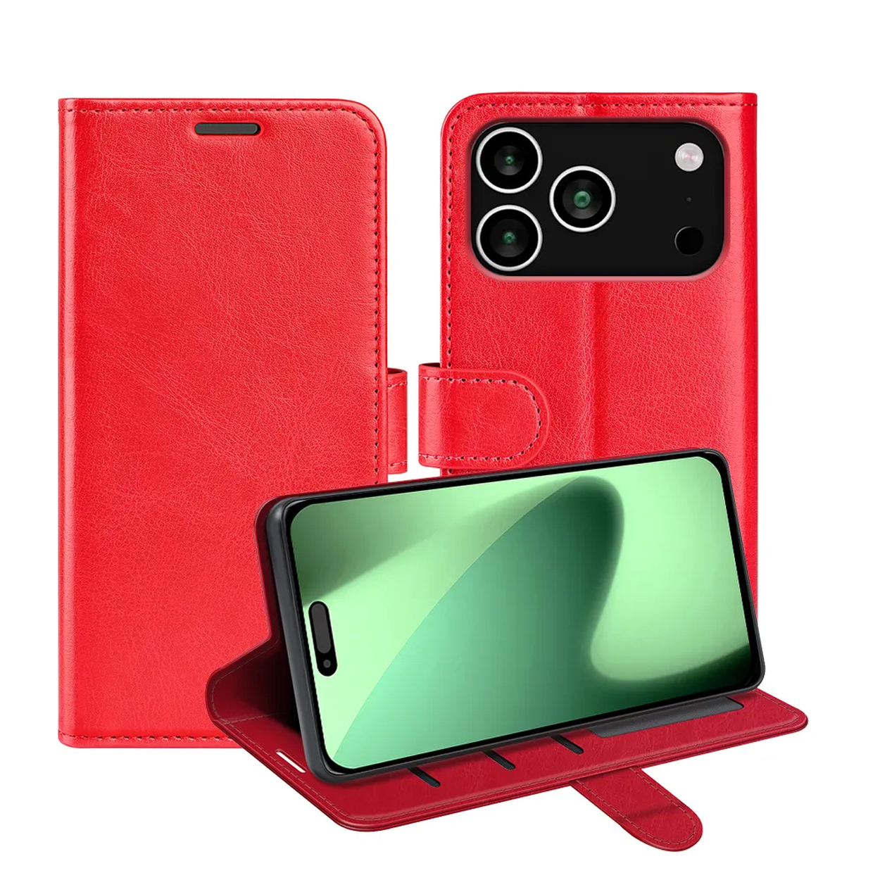 Rode leren telefoonhoes met een telefoon erin. De hoes is open en toont het scherm en de cameralenzen.