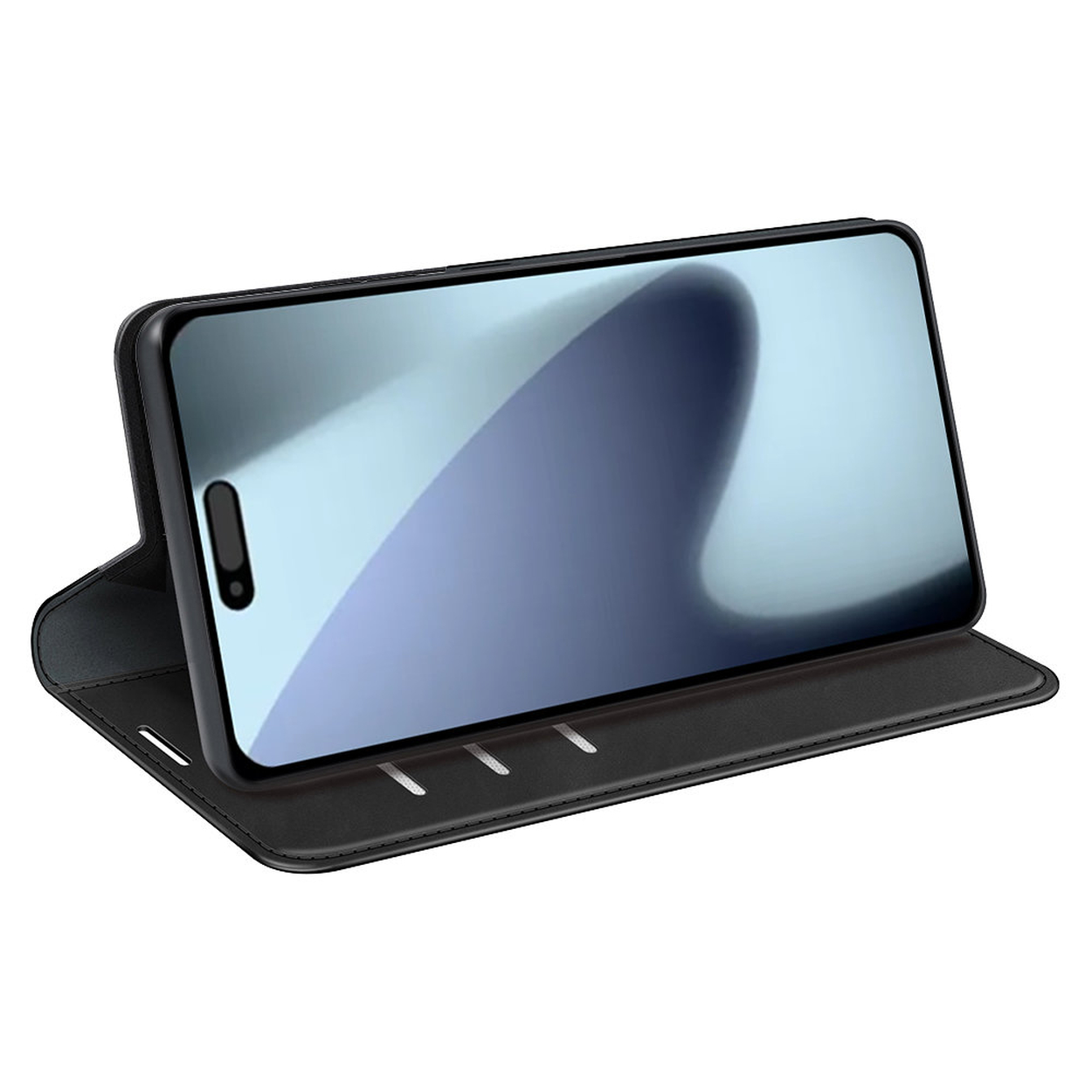Een zwarte telefoon in een zwarte hoes wordt getoond. Het telefoonscherm toont een lichtblauwe gradiënt.
