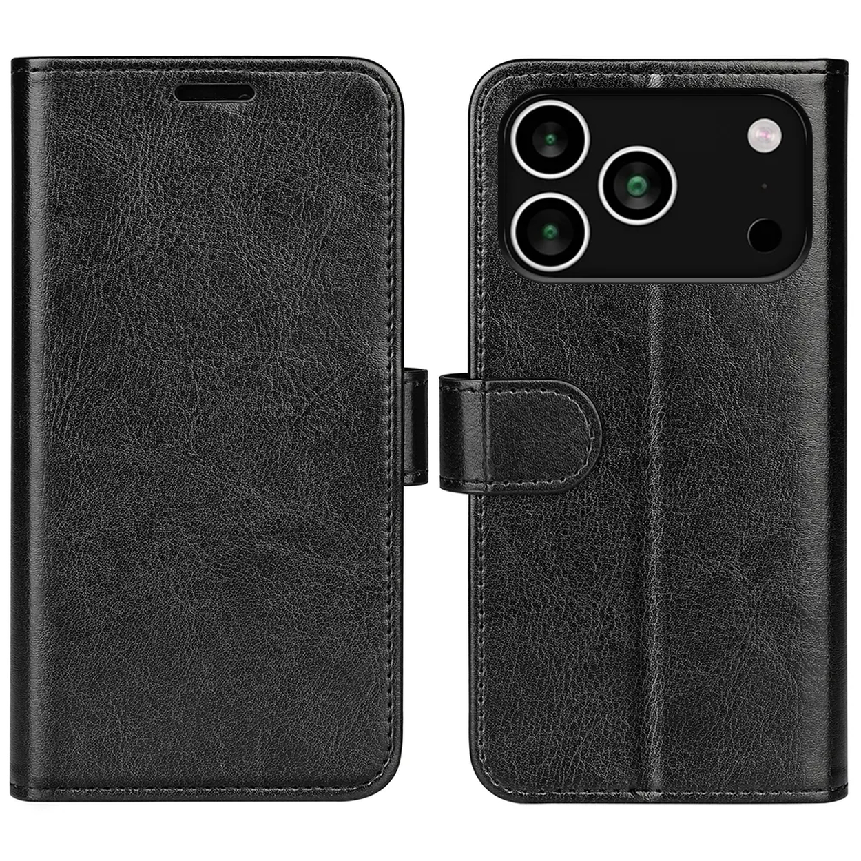 Zwarte leren telefoonhoes, open. Voorzien van camera-uitsparingen, een magnetische sluiting en een textuur. Voorkant links.