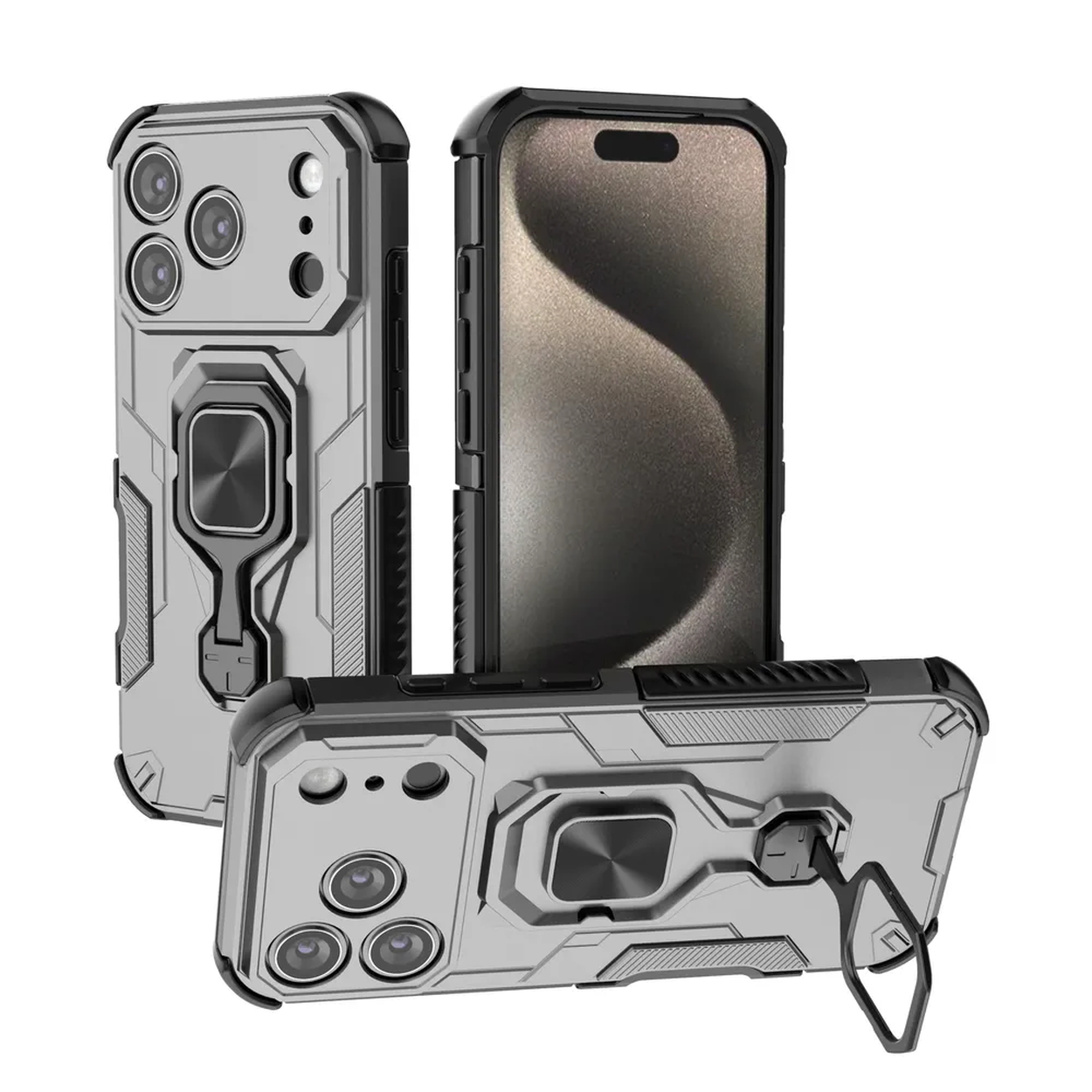 Drie zilveren telefoonhoesjes met zwarte randen worden getoond, één met een telefoon erin. Elke hoes heeft een ringhouder.