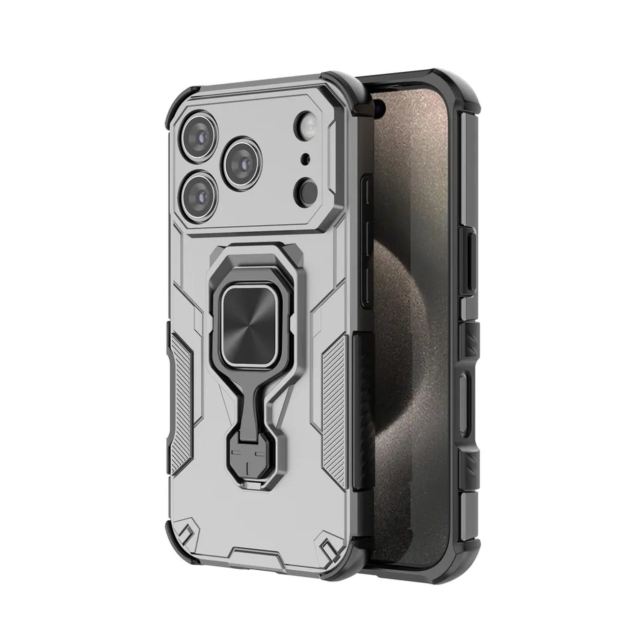 Een grijze en zwarte telefoonhoes met een ringhouder. De hoes beschermt een zwarte smartphone. Witte achtergrond.