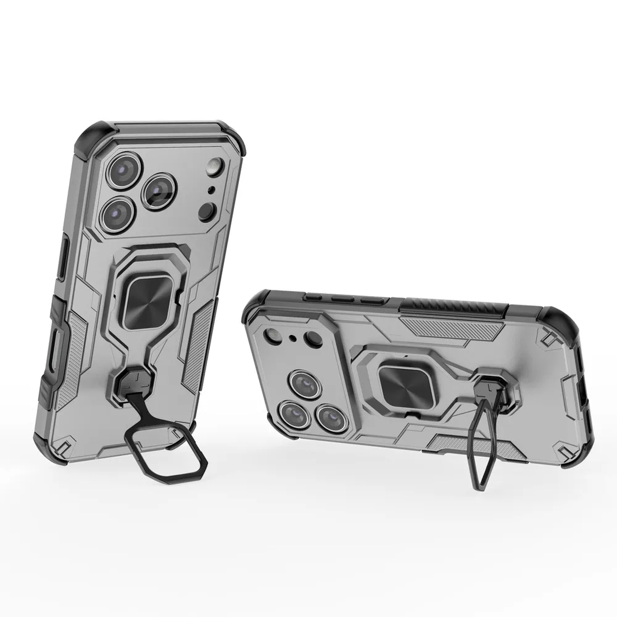 Twee grijze telefoonhoesjes met zwarte accenten en ringhouders worden op een witte achtergrond getoond. Eén staat, de andere ligt horizontaal.