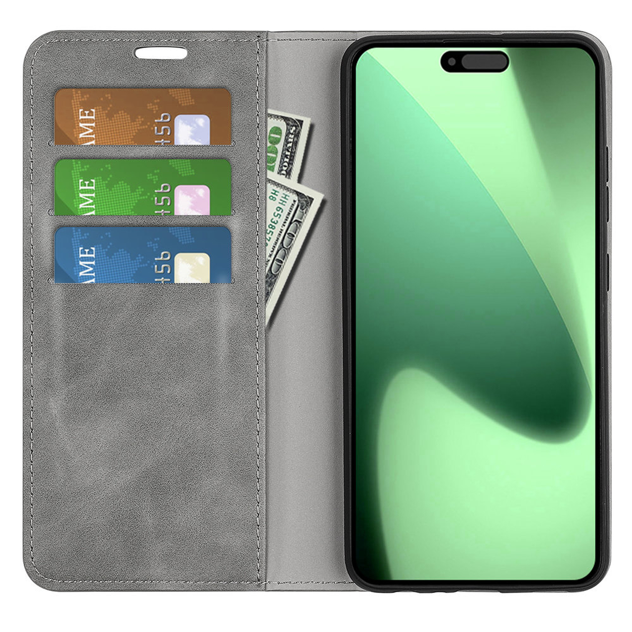 Een telefoonhoesje met een telefoon erin. Creditcards en geld zitten in de hoes.