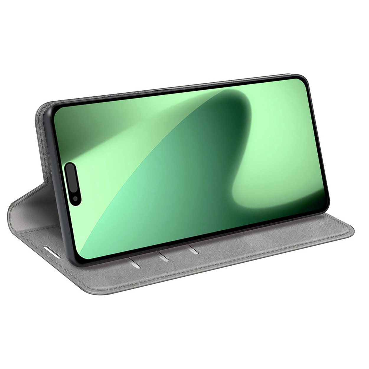 Een smartphone in een grijze hoes wordt schuin weergegeven. Het scherm is groen. De hoes is open, de telefoon ligt erop.
