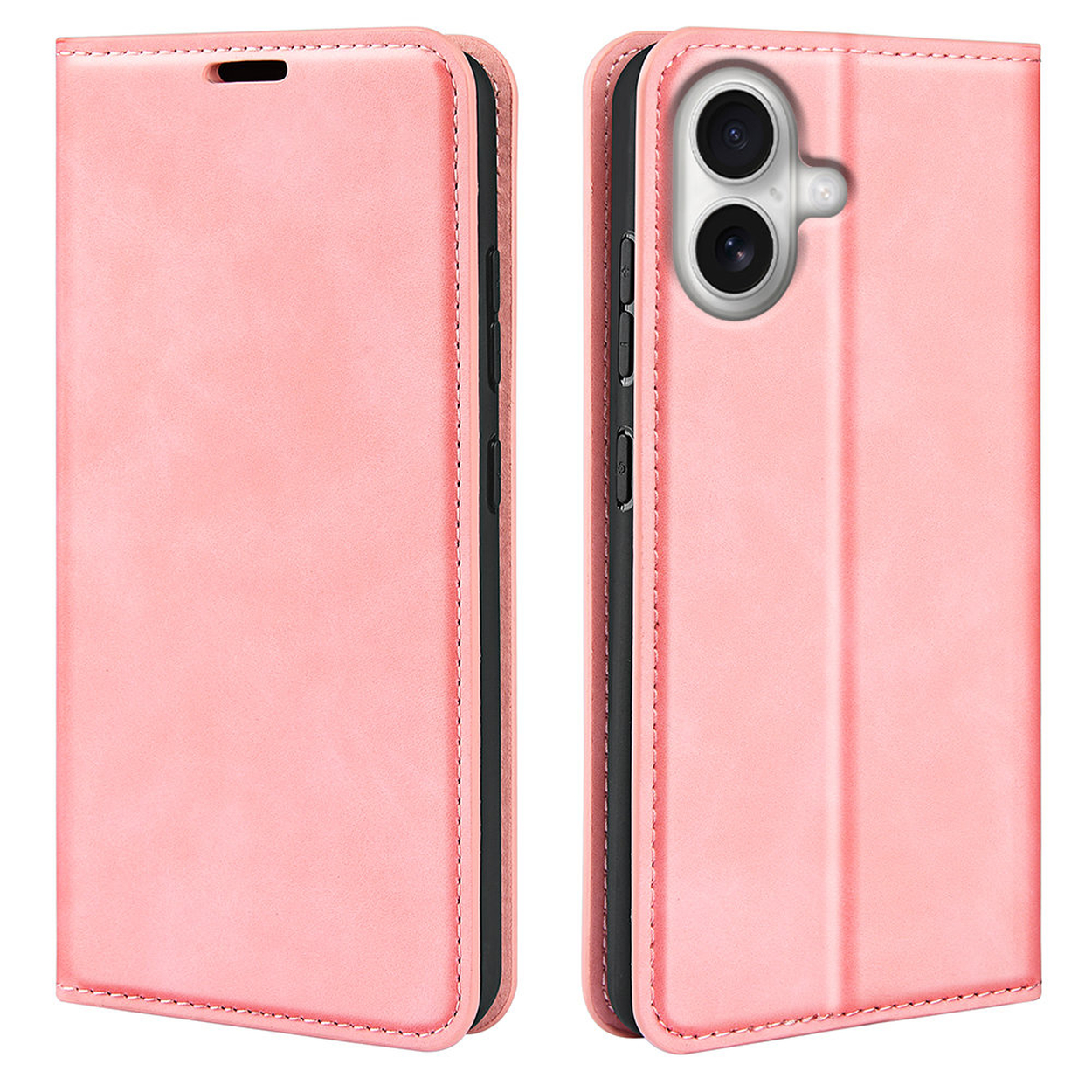 Deux étuis de téléphone roses, un ouvert et un fermé, côte à côte. Les deux ont des bords et des coutures noirs. L'étui ouvert montre des caméras de téléphone.