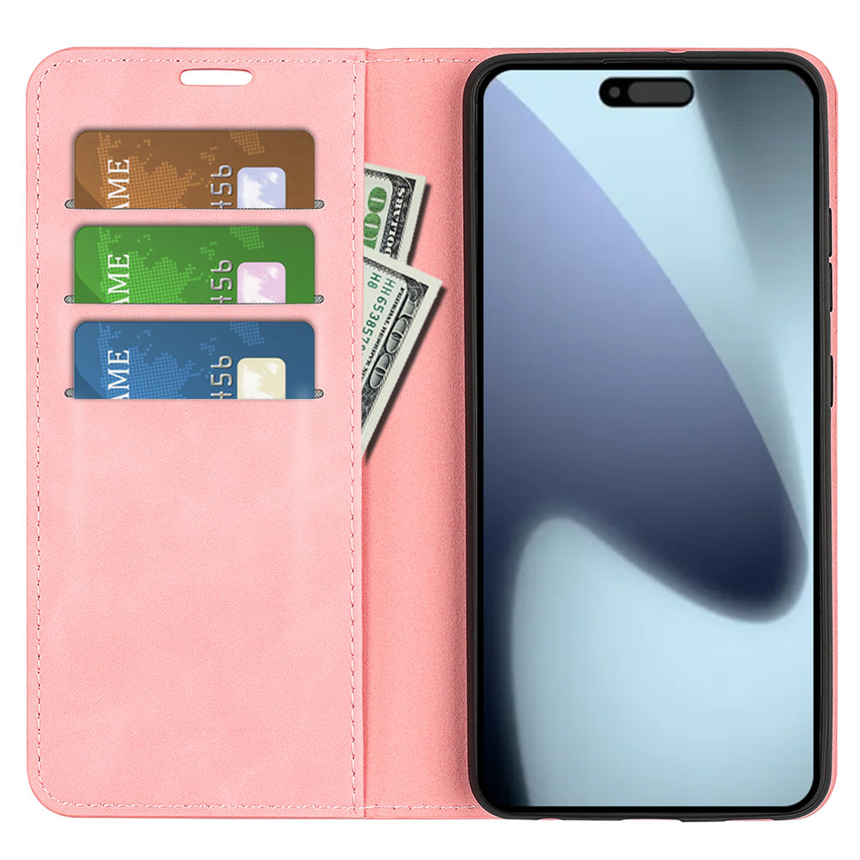 Étui de téléphone rose avec emplacements pour cartes de crédit et un téléphone. Un billet de 100 dollars est visible.