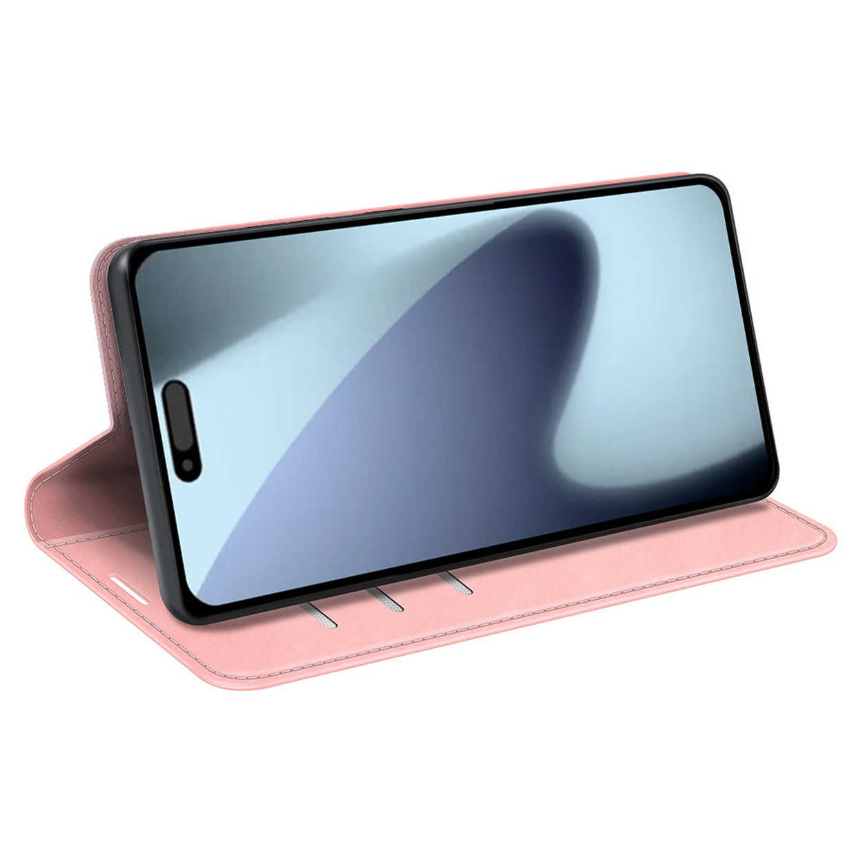 Un étui de téléphone rose avec un téléphone à l'intérieur est affiché. L'écran du téléphone est visible et l'étui est ouvert, debout.