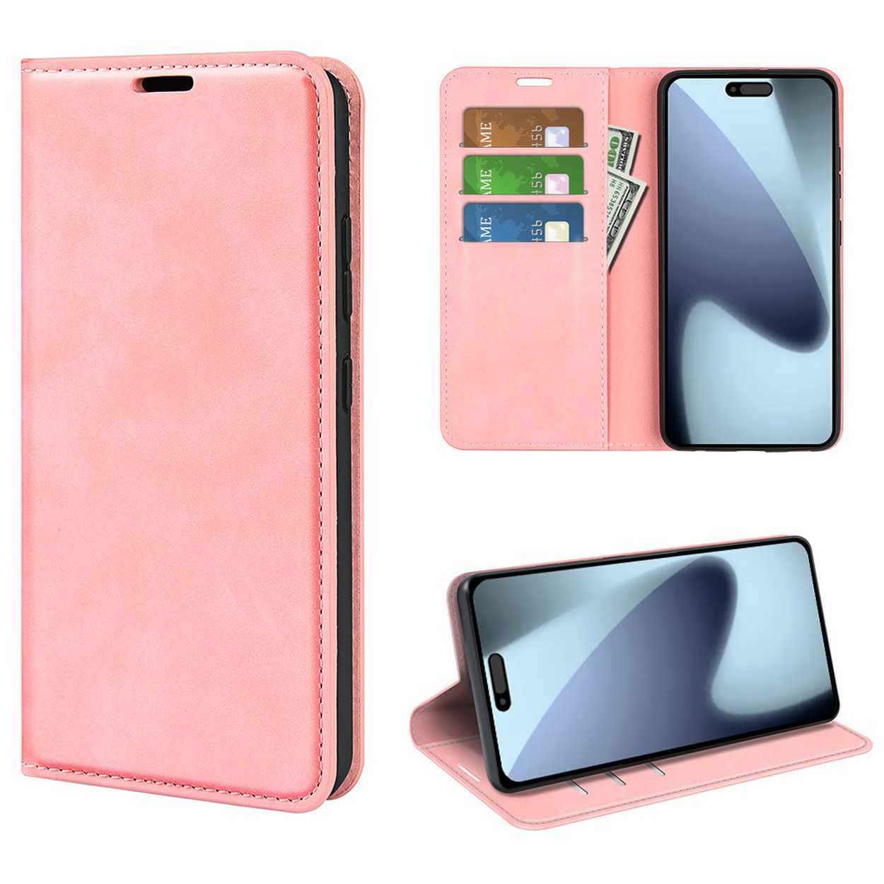 Étui de téléphone rose avec téléphone à l'intérieur, cartes et argent. Le téléphone est soutenu par l'étui. Plusieurs vues de l'étui sont montrées.
