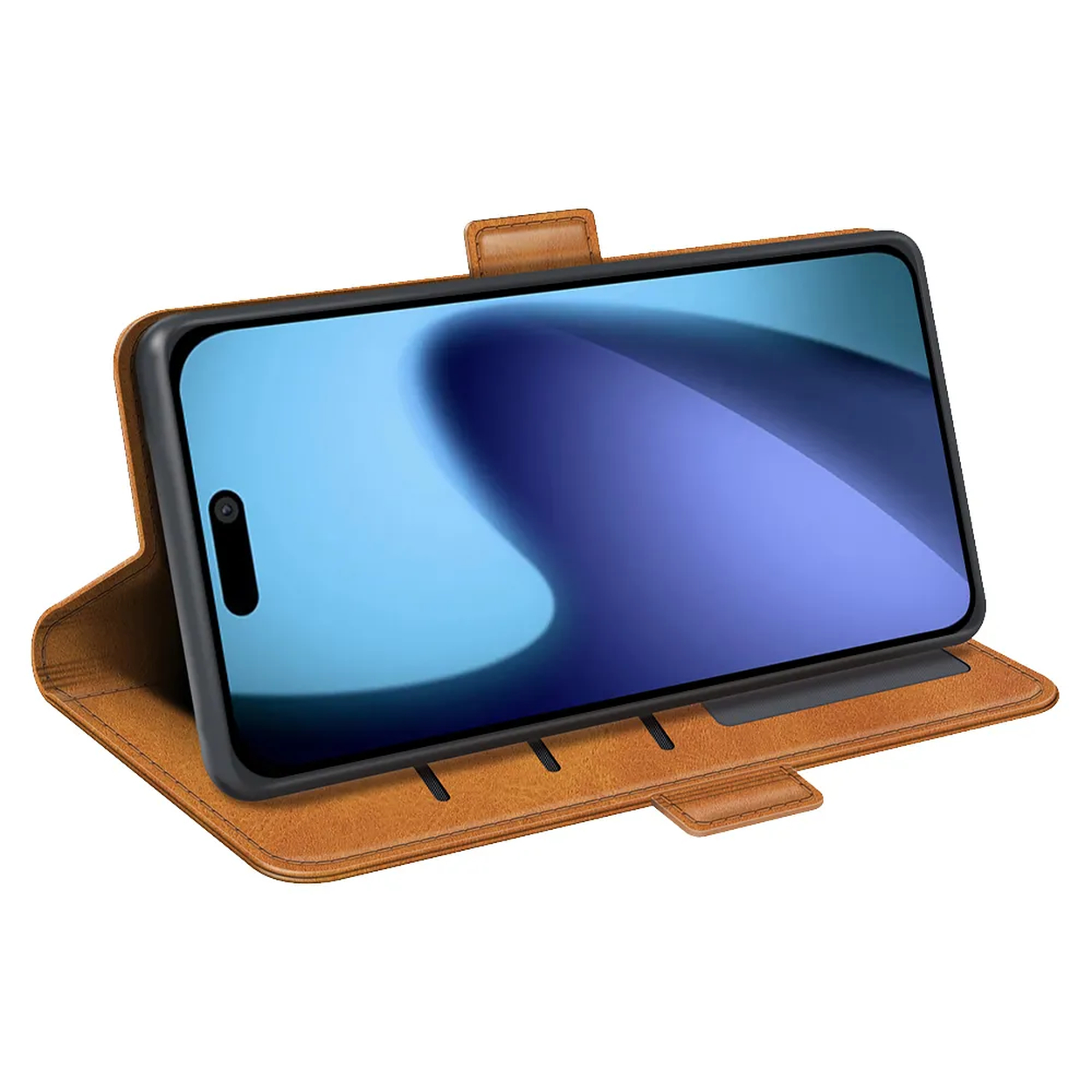 Een smartphone in een bruine leren hoes wordt getoond. Het scherm toont een blauw en paars abstract ontwerp. De hoes is open.
