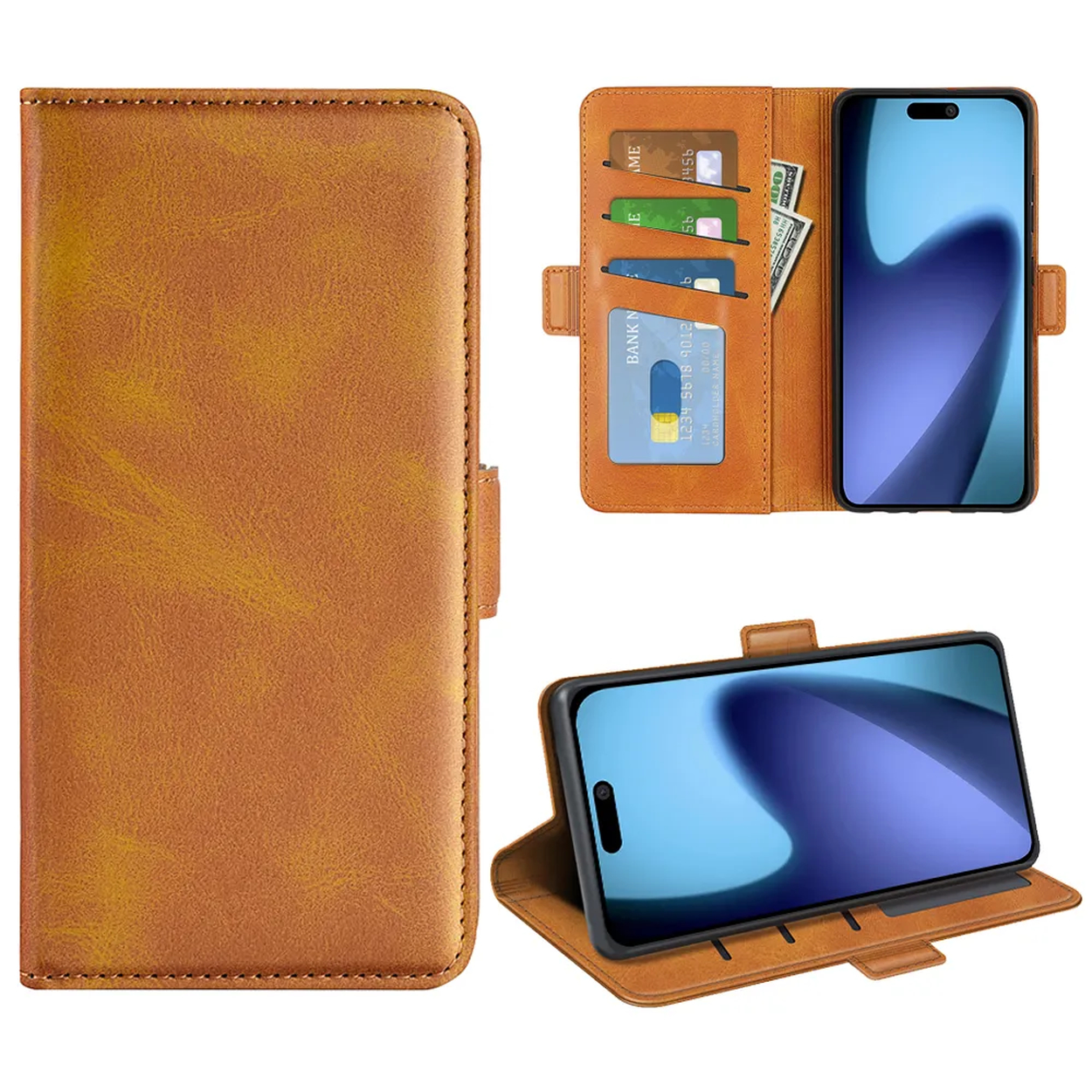 Bruine leren telefoonhoes met kaarten en telefoon erin, vanuit meerdere hoeken getoond. Het telefoonscherm toont een blauw en wit abstract ontwerp.