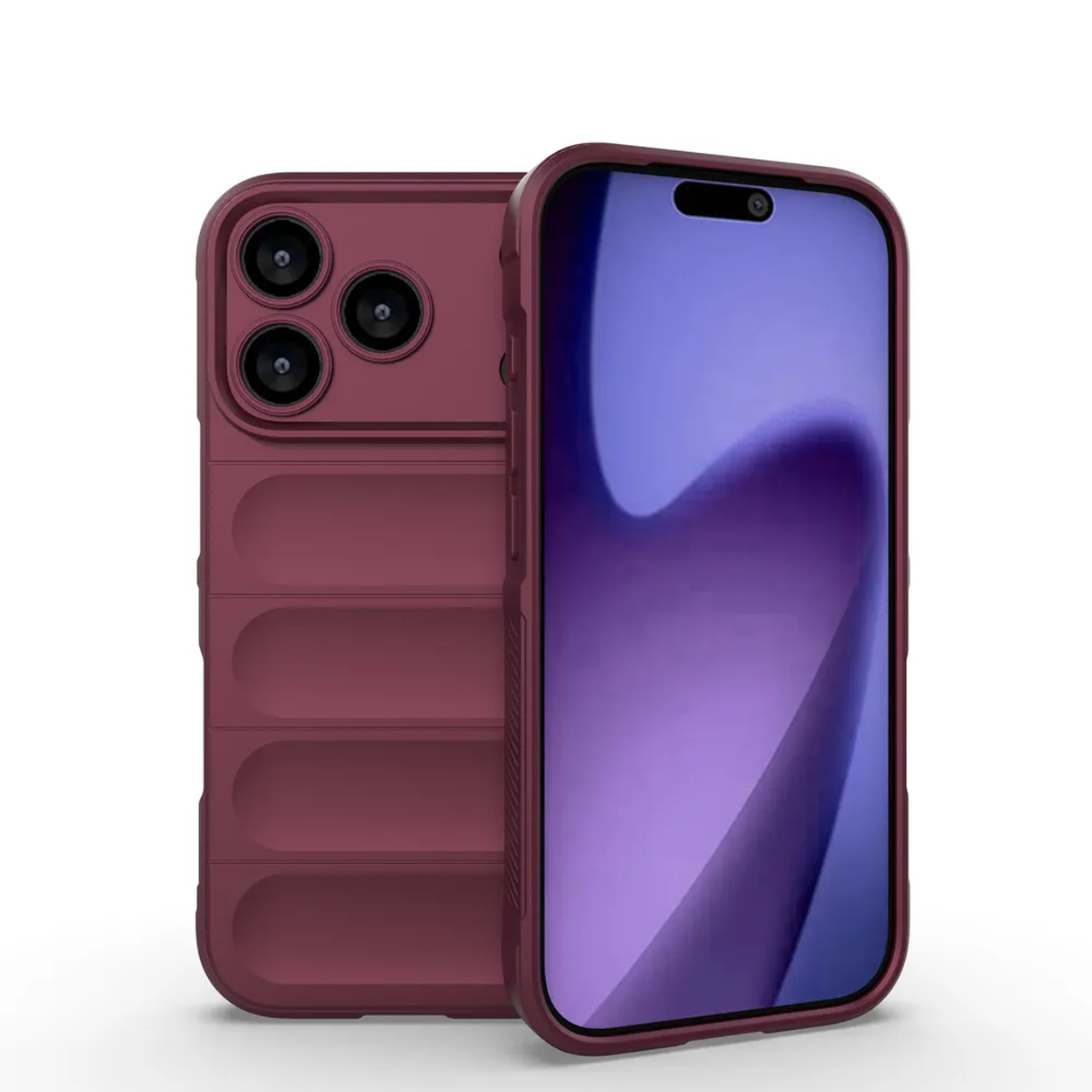 Een bordeauxrode telefoonhoes met een iPhone. De hoes heeft een camerabult en groeven. Het scherm toont een paarse gradient.