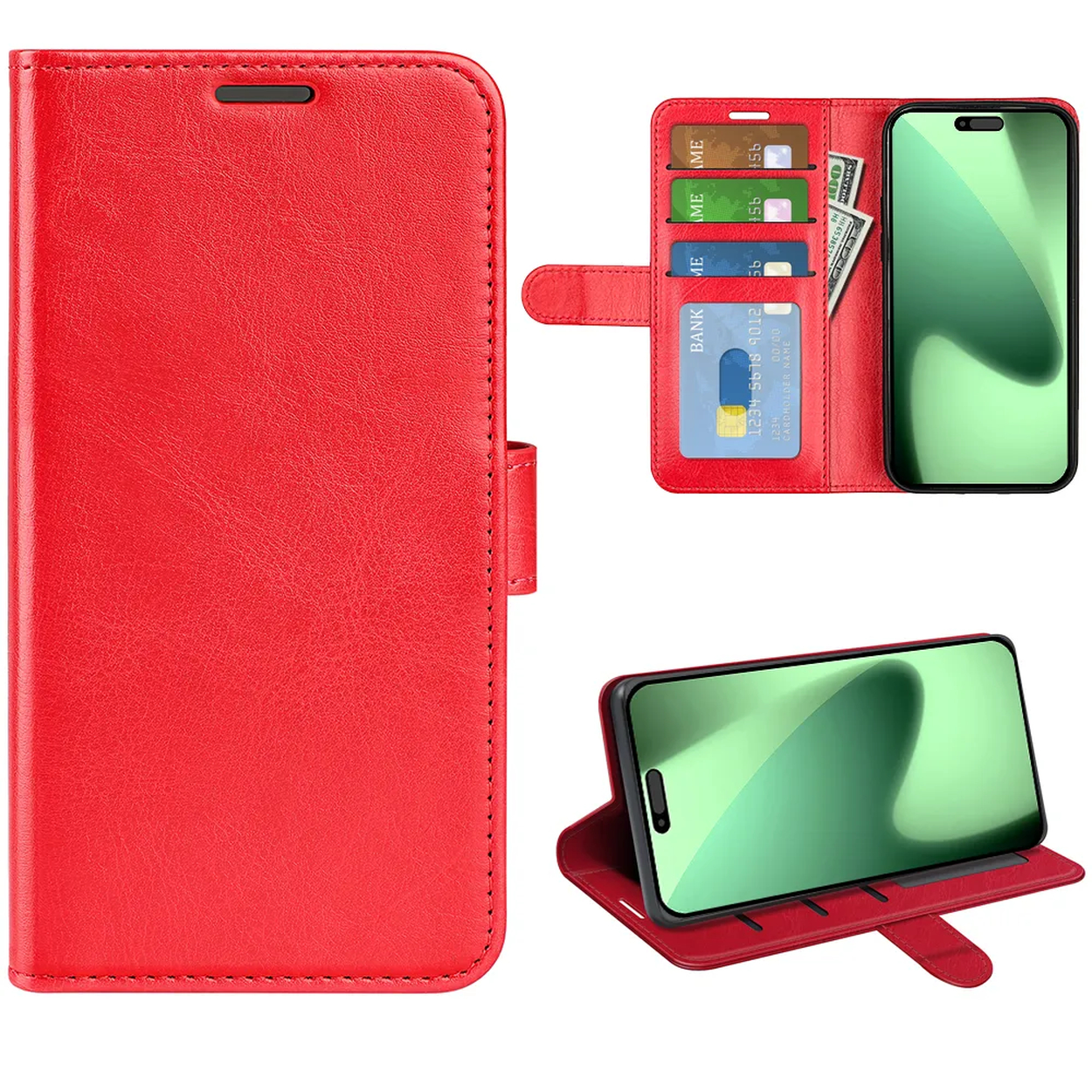 Étui de téléphone en cuir rouge ouvert, avec cartes de crédit, espèces et téléphone. Le téléphone a un écran vert.