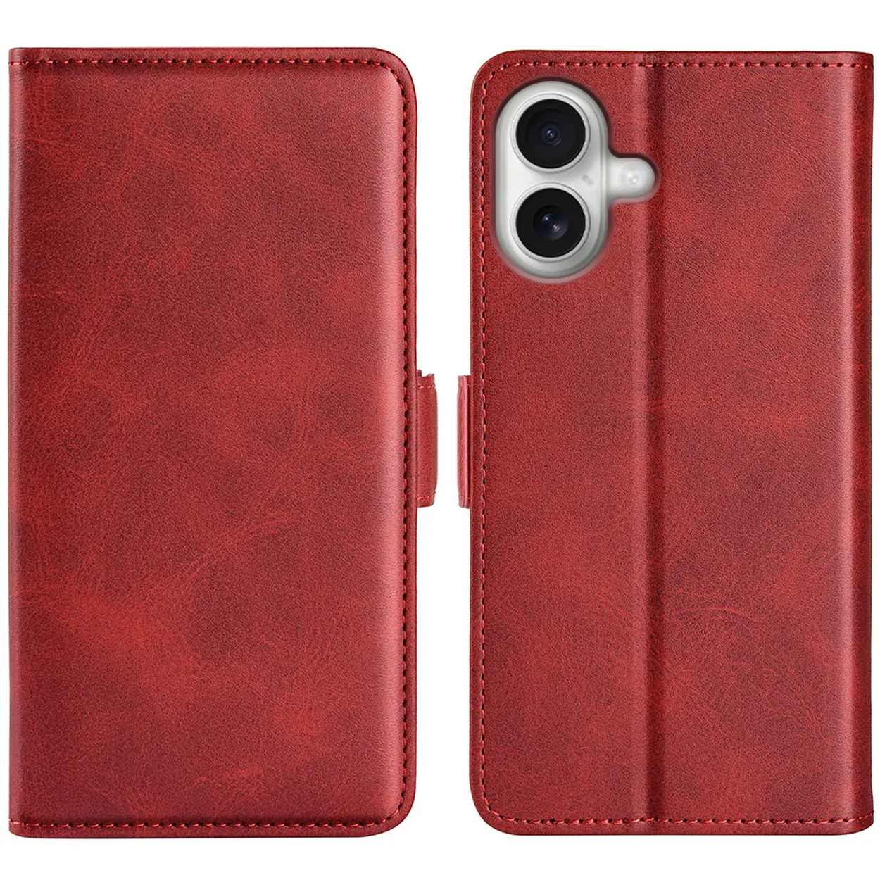 Een rode leren telefoonhoes, open om de camera van de telefoon te onthullen. De hoes heeft stiksels en een magnetische sluiting.