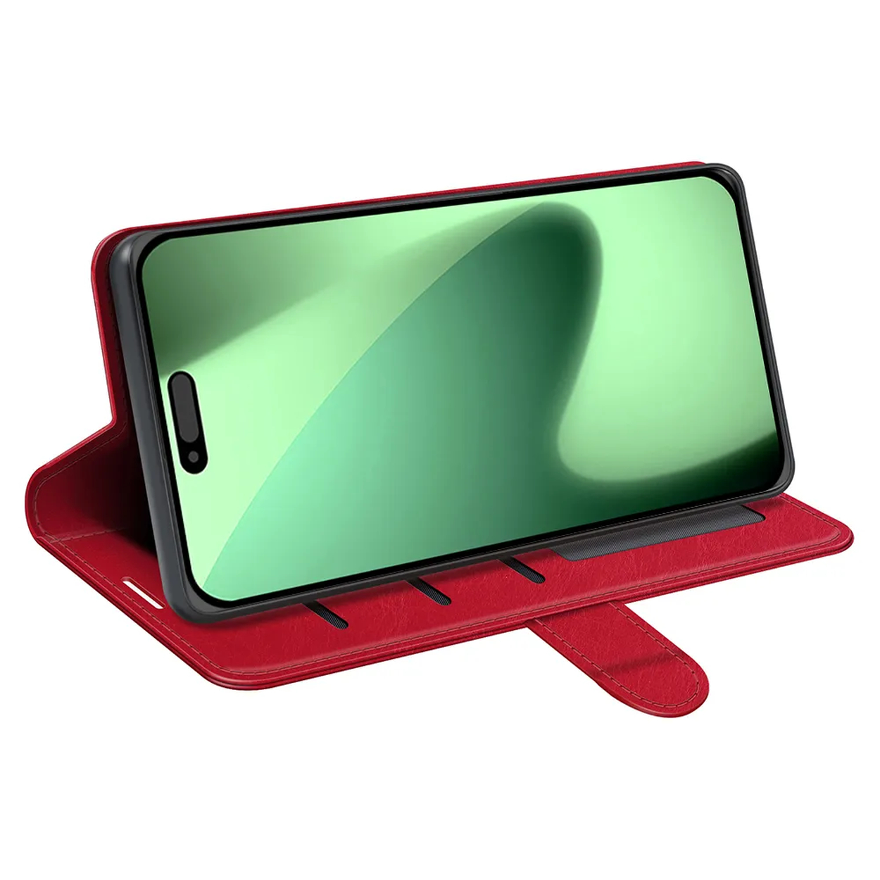 Un smartphone à écran vert repose sur un étui en cuir rouge, ouvert pour afficher l'écran. L'étui a une sangle.