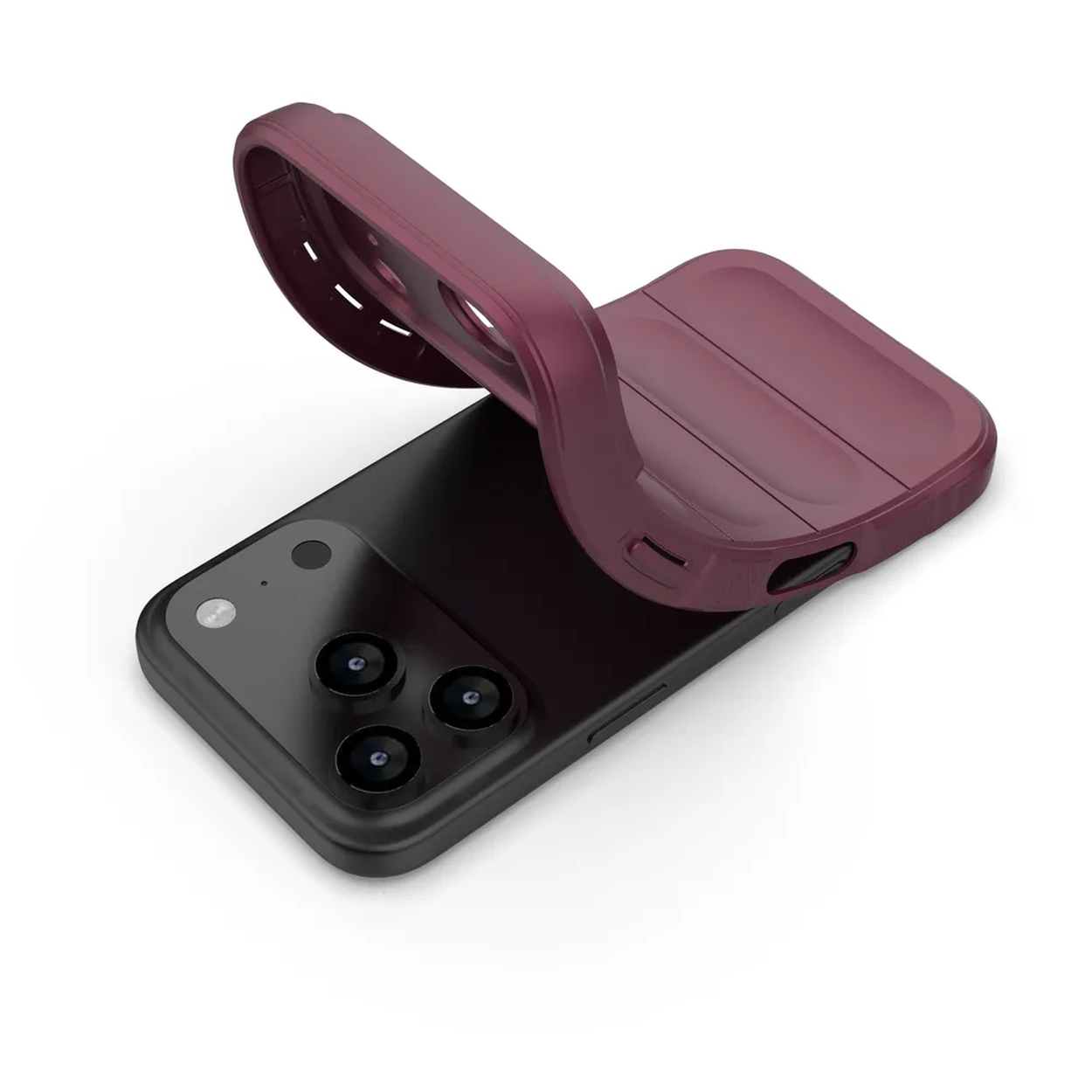 Een zwarte smartphone met een donkerrode telefoonhoes die hem gedeeltelijk bedekt. De hoes is gebogen en opgetild.