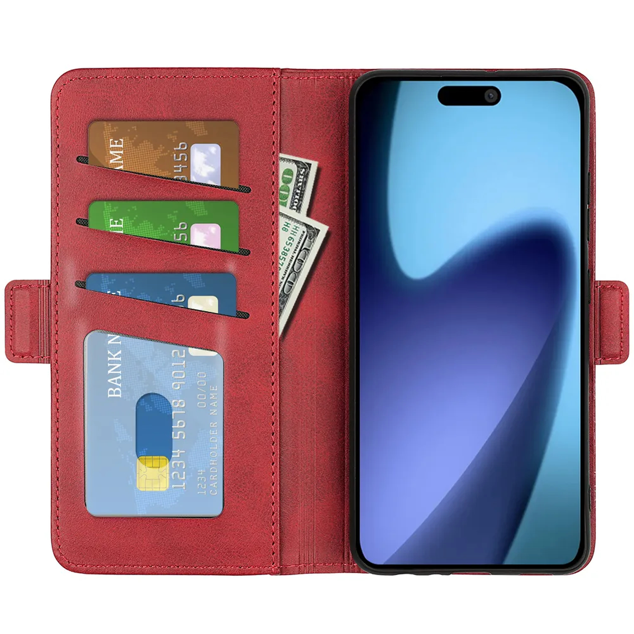 Rode portemonneehoes met creditcards, contant geld en een smartphone. Scherm toont blauwe en paarse verlopen.