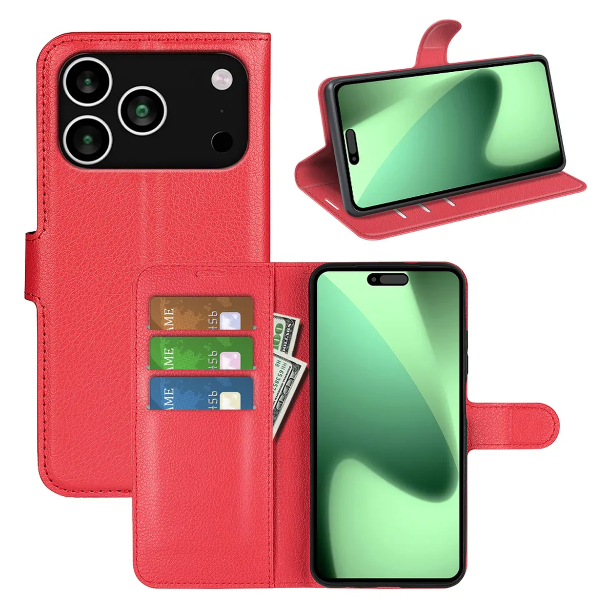 Een rode telefoonhoes met drie kaarten, contant geld en een telefoon. De telefoon toont een groene gradiënt.