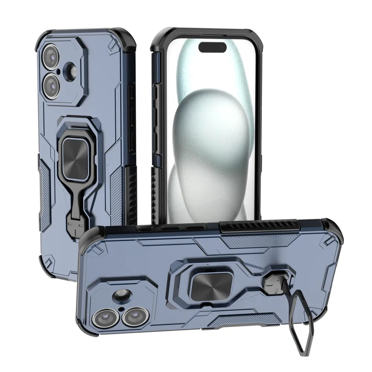 Drie blauwe telefoonhoesjes met zwarte accenten. Een hoesje heeft een telefoon erin. Elk hoesje heeft een ringhouder aan de achterkant.