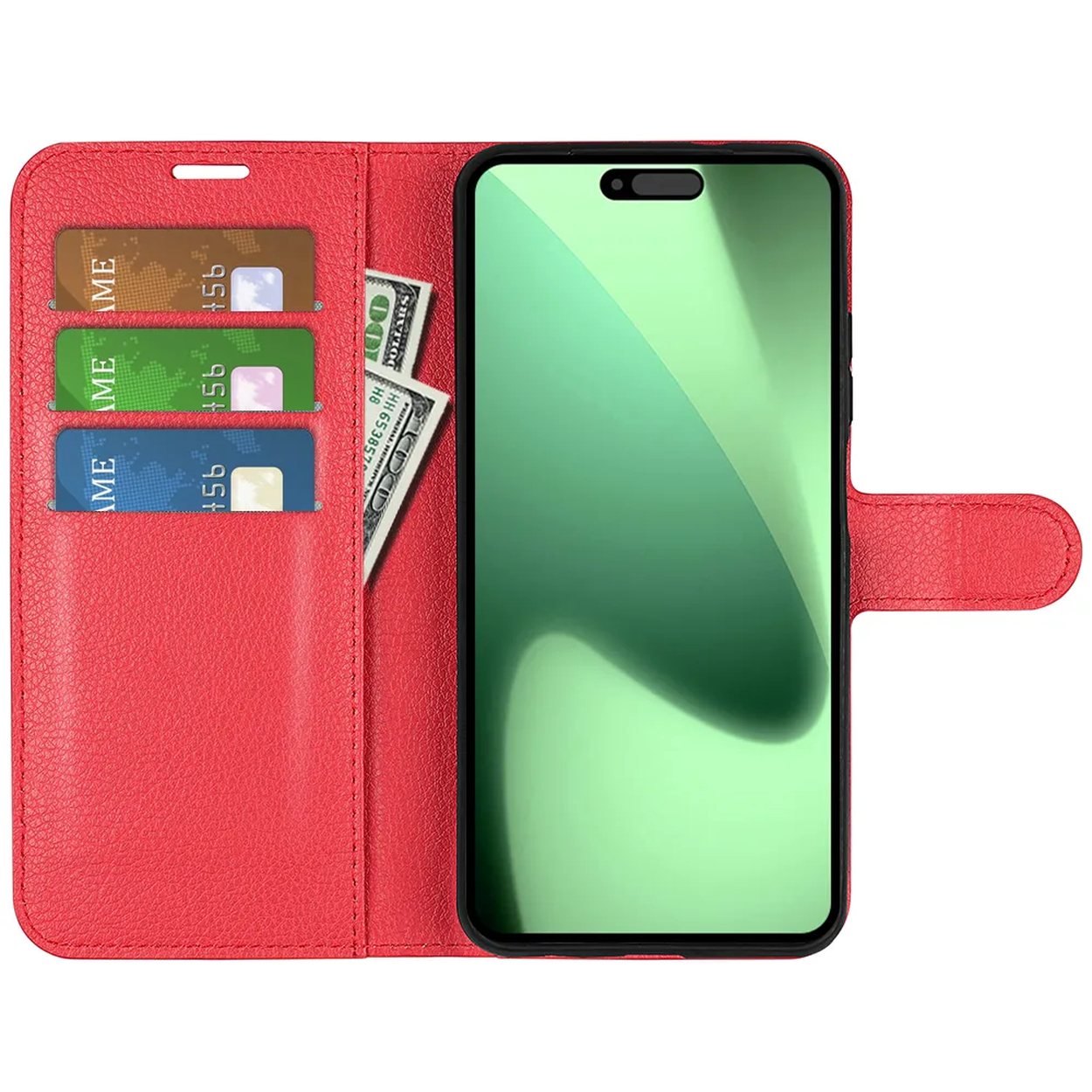 Rode telefoonhoes met telefoon, kaarten en dollarbiljet. Telefoon toont groen scherm. Kaarten: goud, groen en blauw.