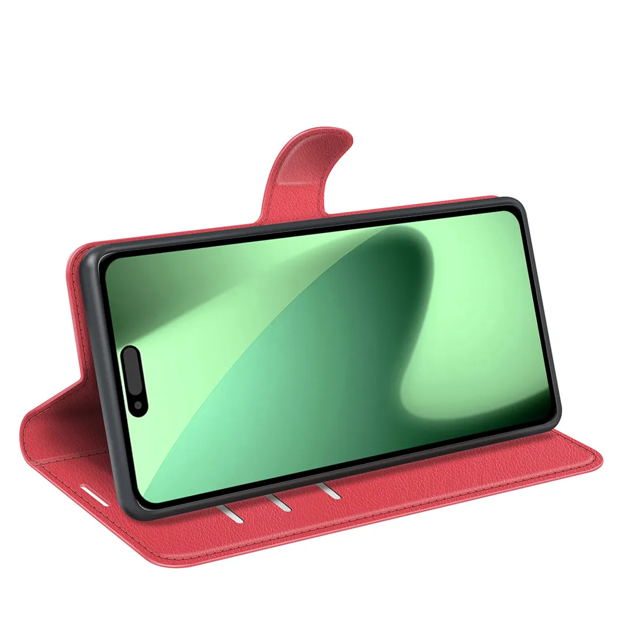 Een rode telefoonhoes met een telefoon erin. Het telefoonscherm is groen en de hoes is open. De achtergrond is wit.
