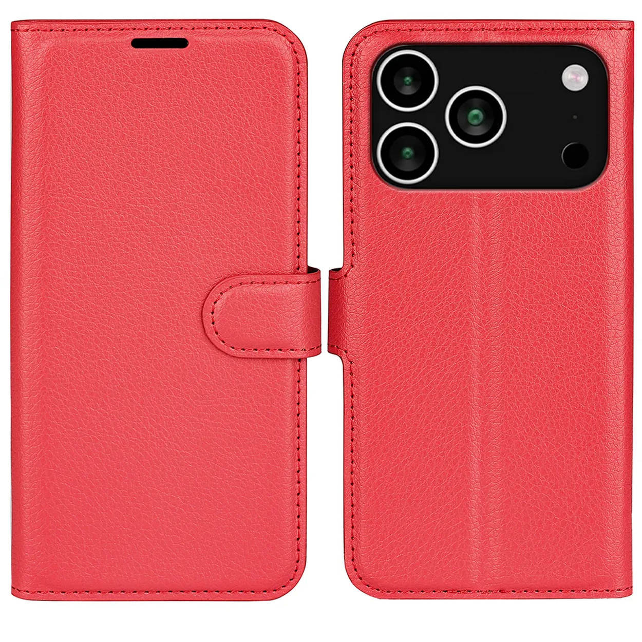 Een rode leren telefoonhoes, open. De linkerkant is gesloten met een magnetische sluiting. De rechterkant toont de camera van de telefoon.