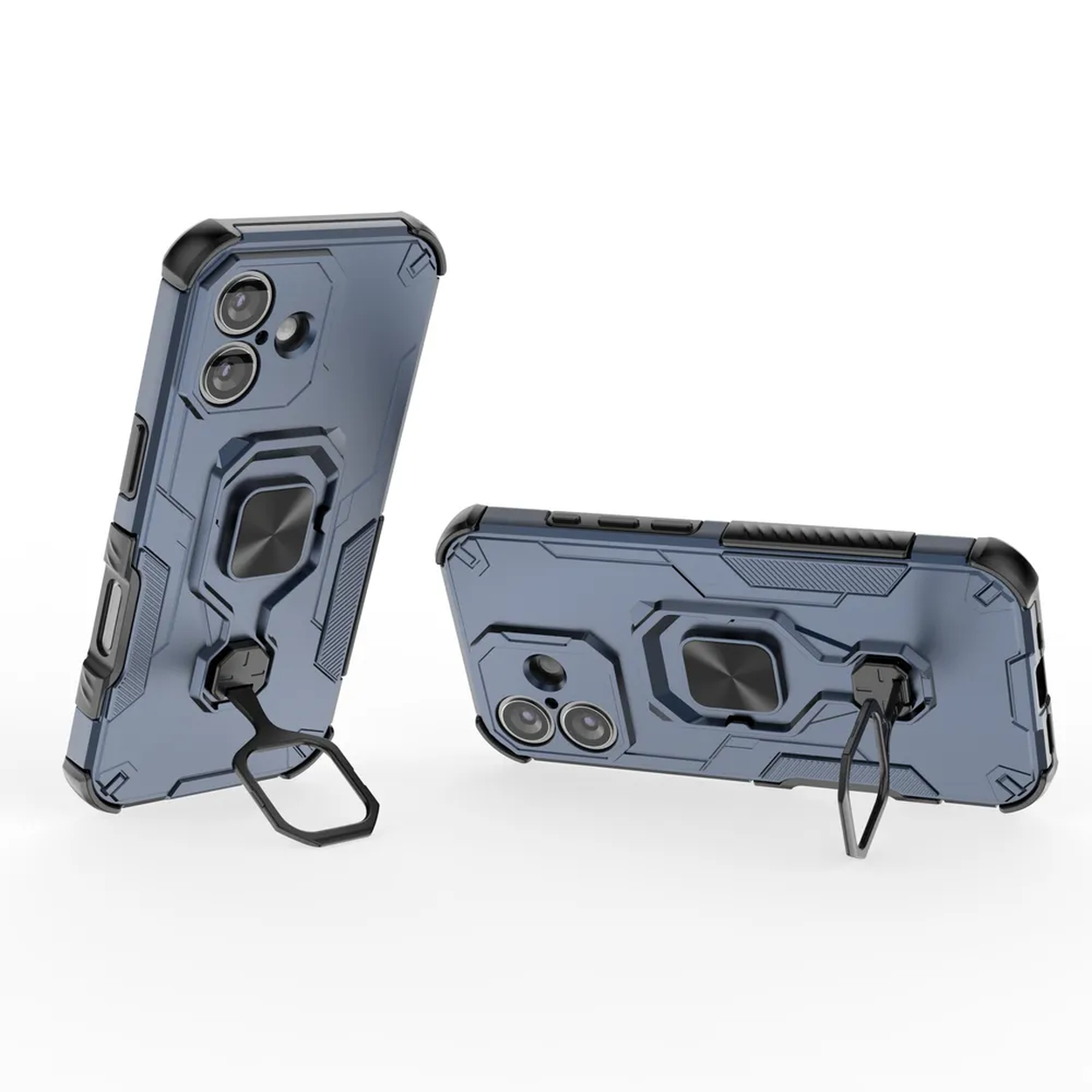 Twee telefoonhoesjes. Eén staat rechtop, de andere ligt plat. Beide zijn blauw met zwarte accenten en ringhouders, op een witte achtergrond.