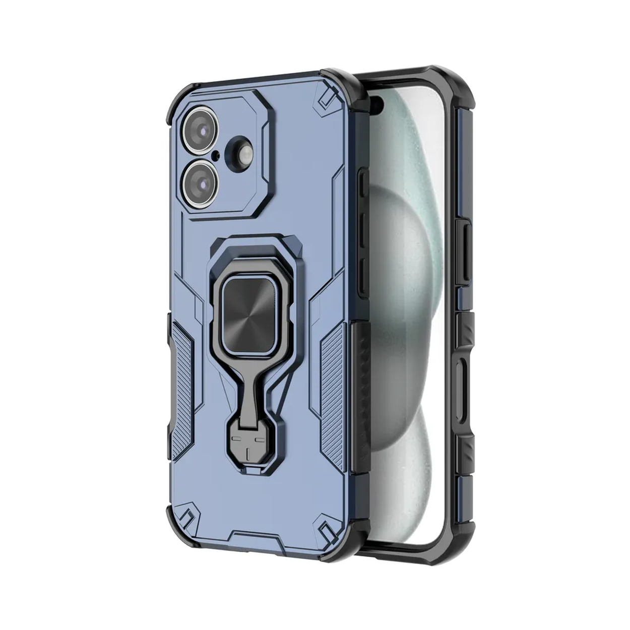 Een blauwe telefoonhoes met een zwart frame. Het heeft een ringhouder en uitsparingen voor de camera. Het scherm toont een vage achtergrond.