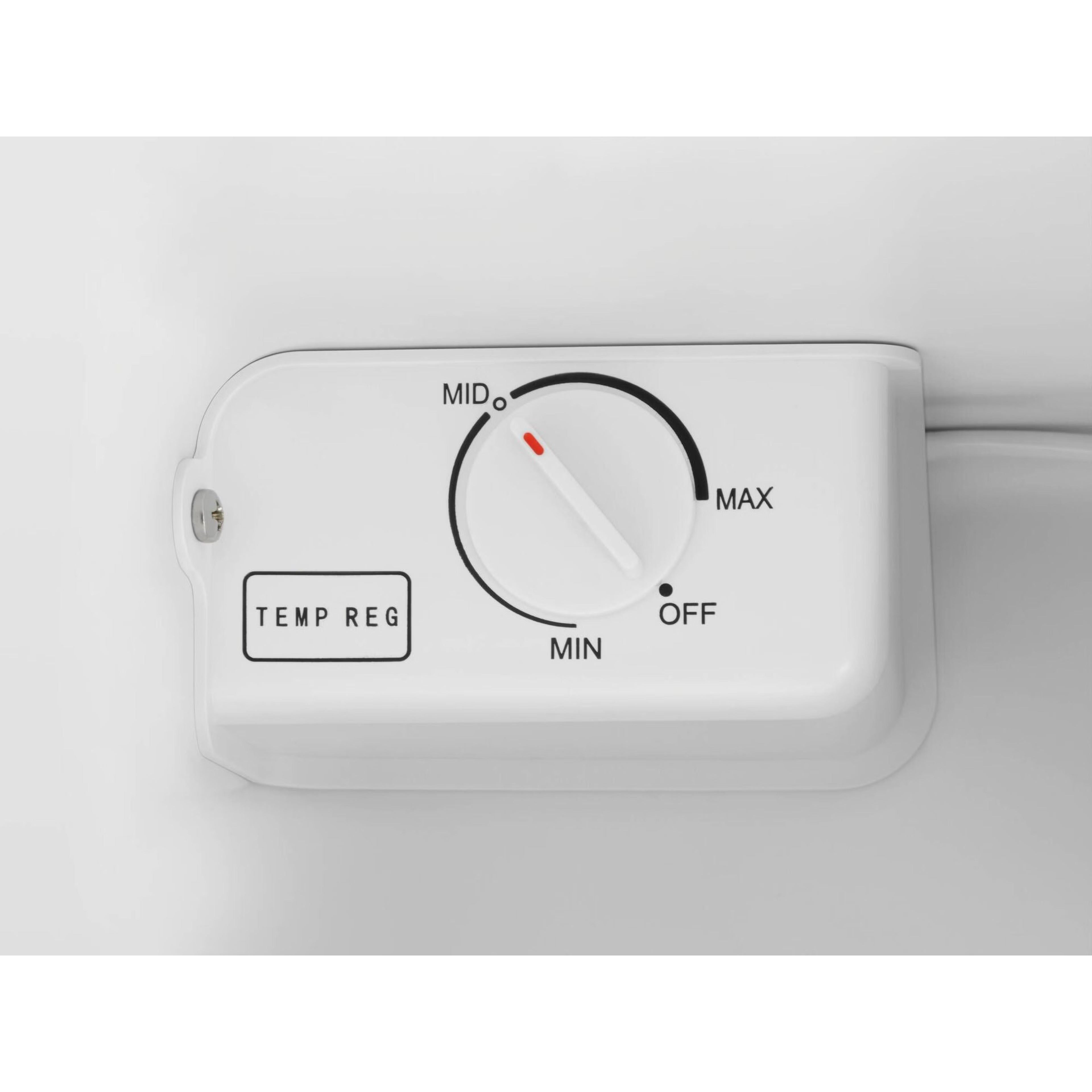 Pannello di controllo della temperatura del frigorifero bianco. Ha un quadrante da MIN a MAX, un'impostazione di spegnimento e un'etichetta di regolazione della temperatura.