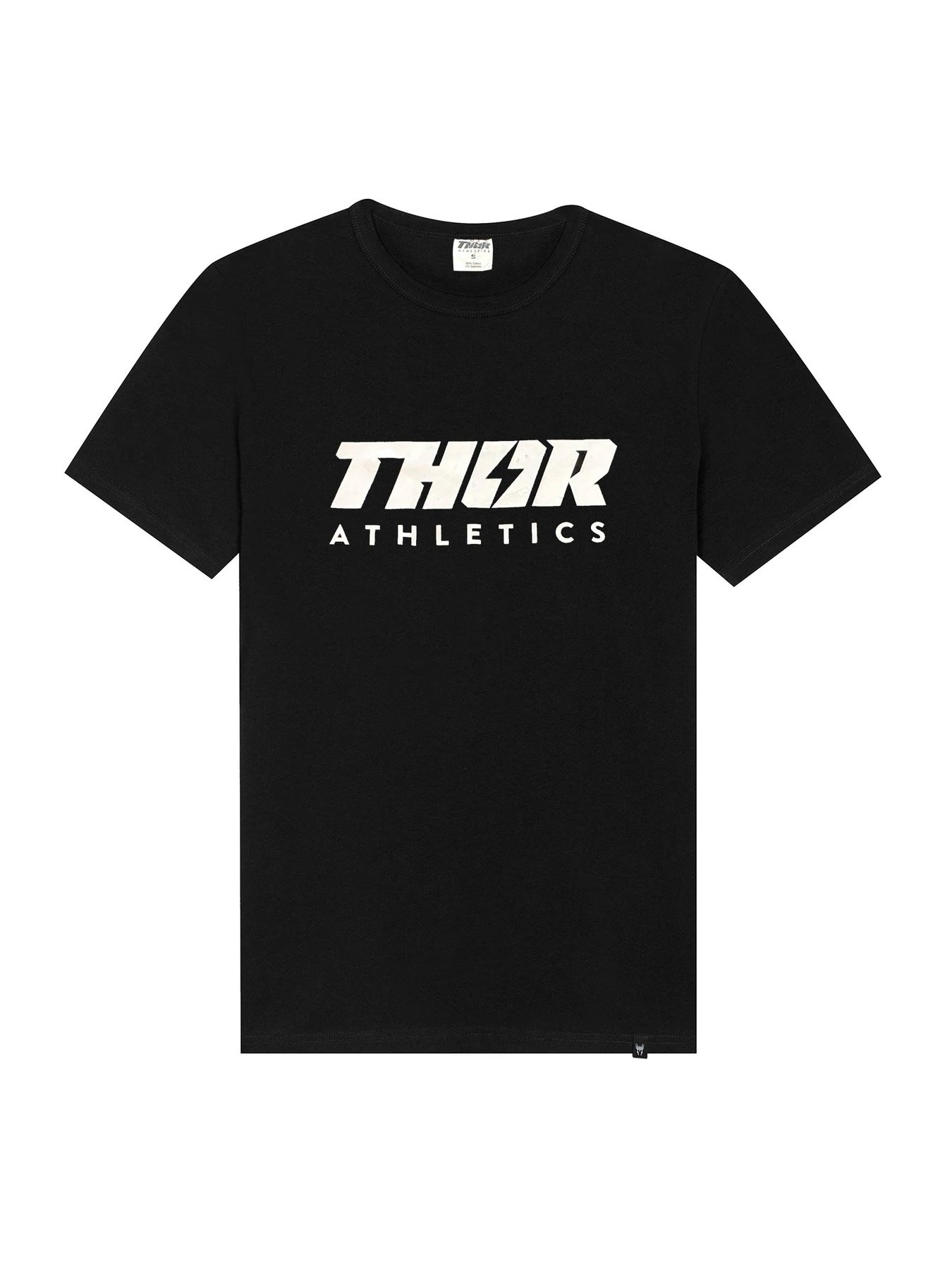 Zwart t-shirt met witte tekst "THOR ATHLETICS". Het t-shirt heeft korte mouwen en een klein logo onderaan.