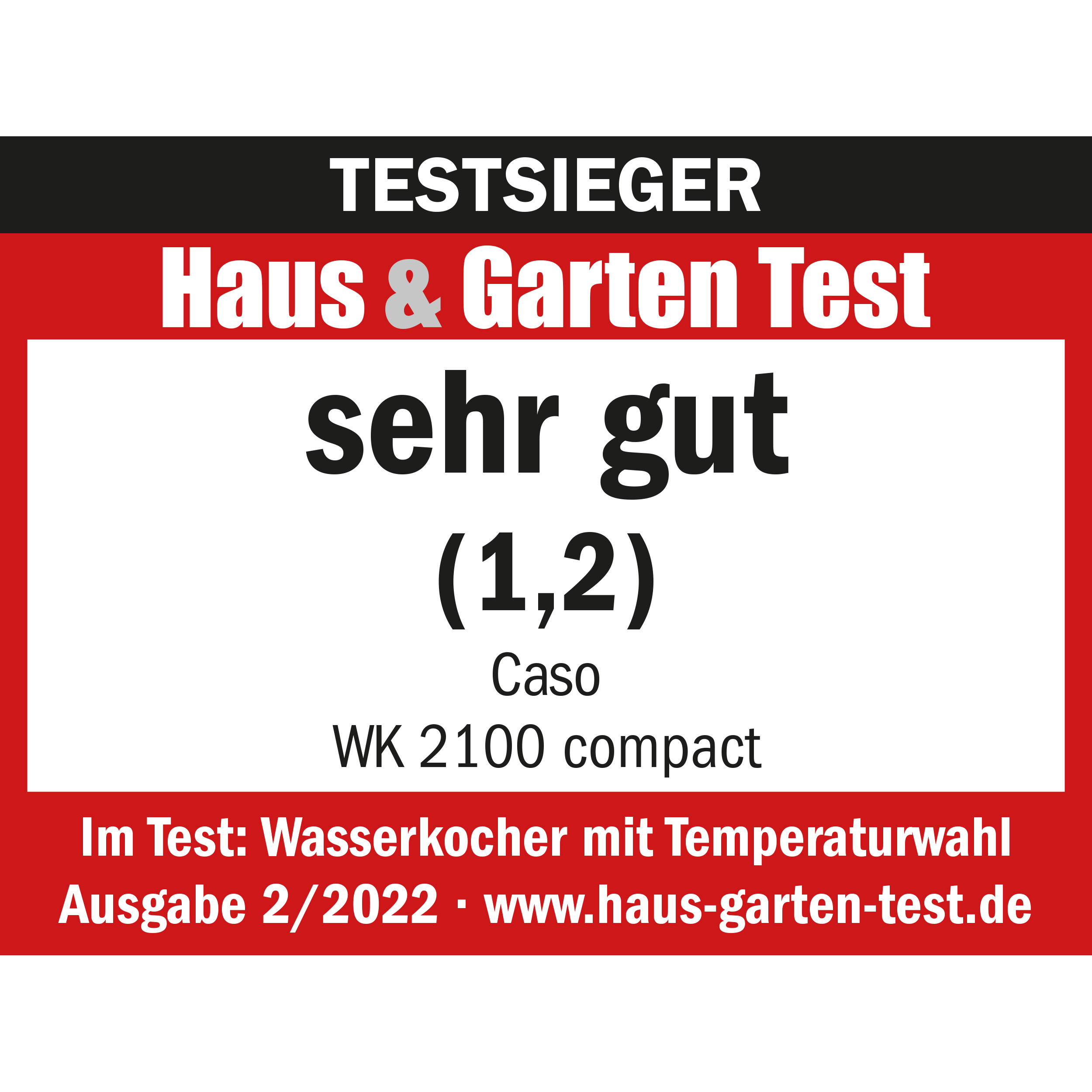 Un cartello rosso e bianco con la scritta 'TESTSIEGER Haus & Garten Test sehr gut (1,2)'. Elenca anche 'Caso WK 2100 compact'.
