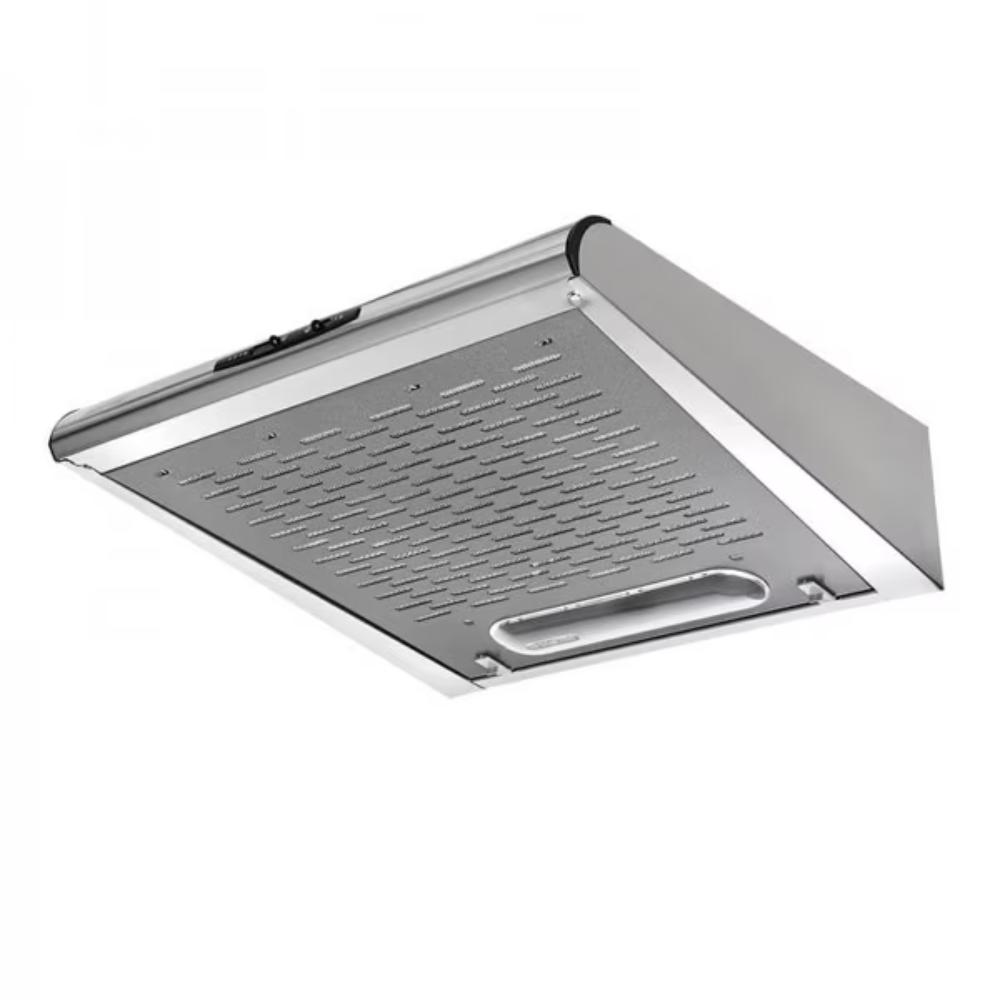 Okap ze stali nierdzewnej, widok z boku. Ma perforowany panel i prostokątny kształt.