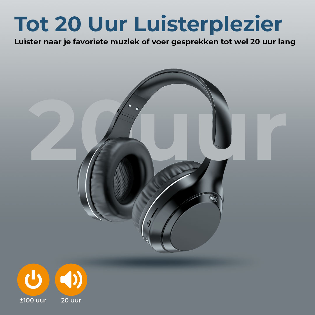 Casque noir avec accents blancs sur fond gris. Le texte indique 20 heures de plaisir d'écoute et d'autonomie de la batterie.